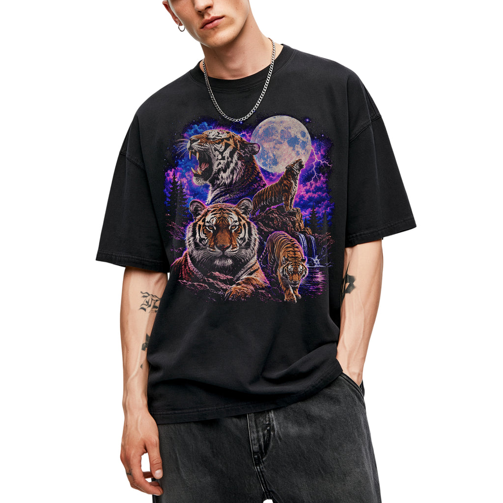 SF_COLOR=black; SF_ITEM=adult-t-shirt; SF_ROLE=gallery; Retro Tigers Howling At Full Moon T-Shirt Synthwave Lightning Vaporwaves Tee - Black Adult T-Shirt product image