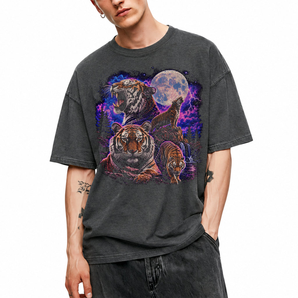 SF_COLOR=dark-heather; SF_ITEM=adult-t-shirt; SF_ROLE=gallery; Retro Tigers Howling At Full Moon T-Shirt Synthwave Lightning Vaporwaves Tee - Dark Heather Adult T-Shirt product image
