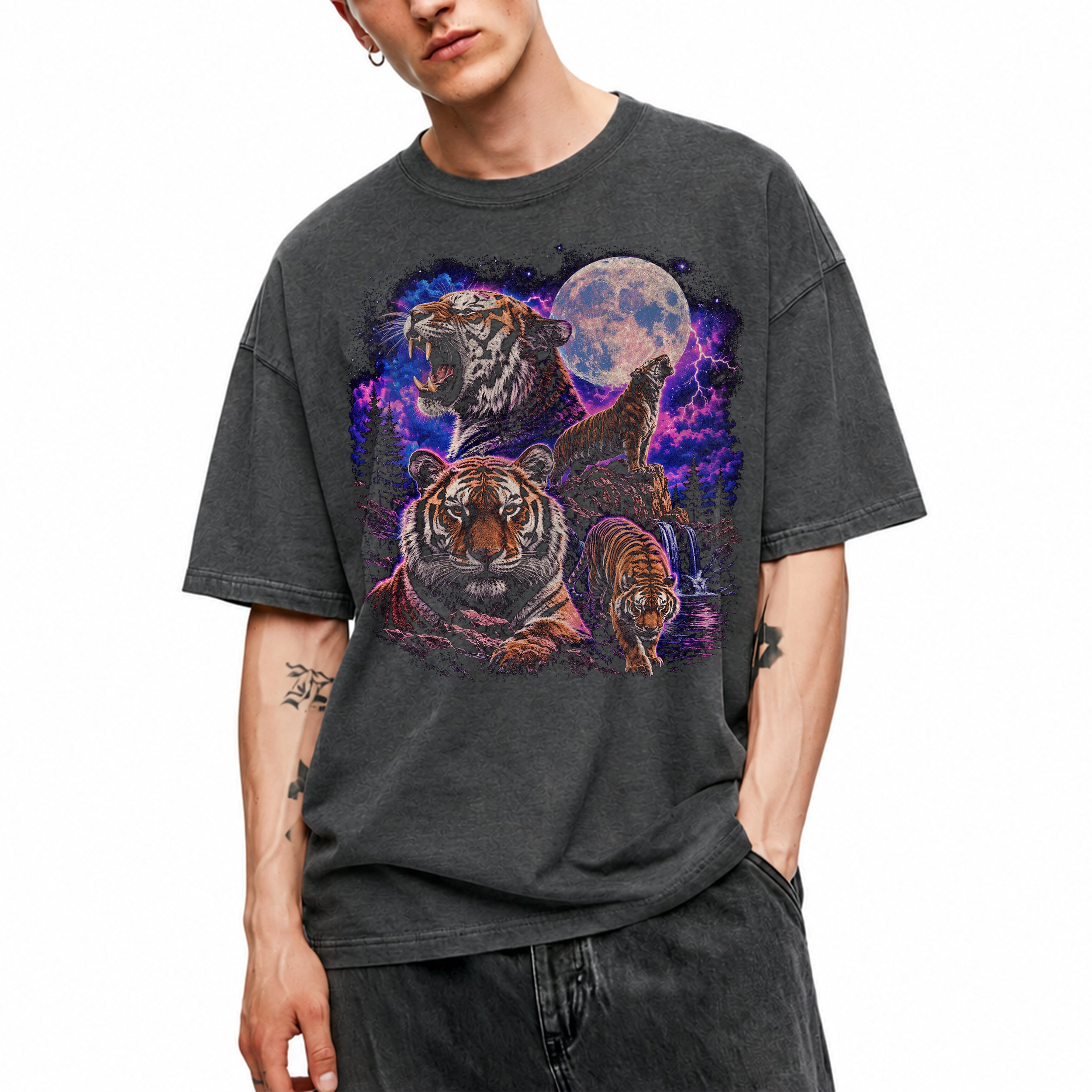 SF_COLOR=dark-heather; SF_ITEM=adult-t-shirt; SF_ROLE=gallery; Retro Tigers Howling At Full Moon T-Shirt Synthwave Lightning Vaporwaves Tee - Dark Heather Adult T-Shirt product image