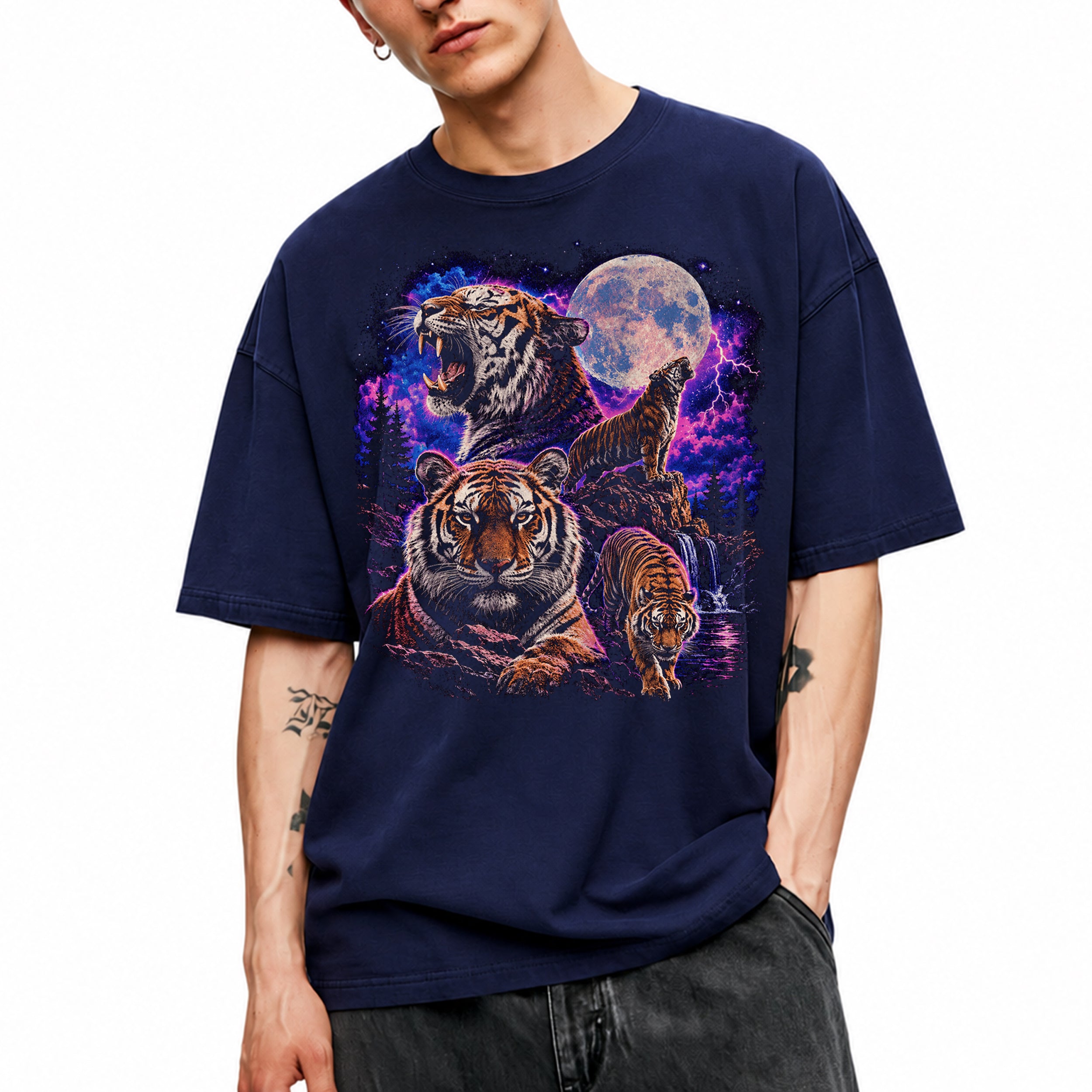 SF_COLOR=navy; SF_ITEM=adult-t-shirt; SF_ROLE=gallery; Retro Tigers Howling At Full Moon T-Shirt Synthwave Lightning Vaporwaves Tee - Navy Adult T-Shirt product image