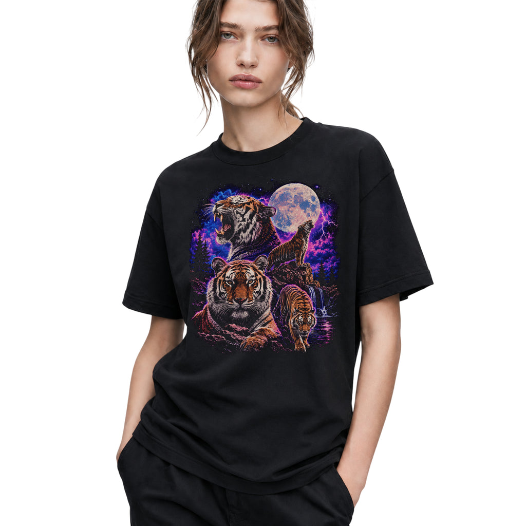 SF_COLOR=black; SF_ITEM=adult-t-shirt; SF_ROLE=gallery; Retro Tigers Howling At Full Moon T-Shirt Synthwave Lightning Vaporwaves Tee - Black Adult T-Shirt product image