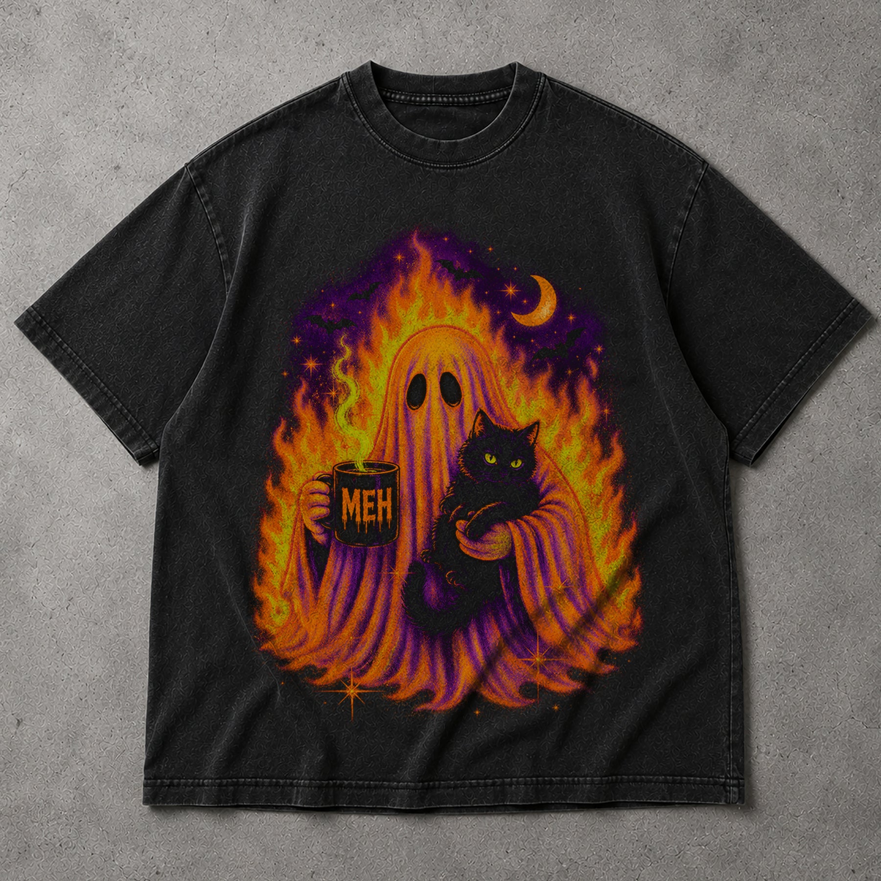 SF_COLOR=black; SF_ITEM=adult-t-shirt; SF_ROLE=main; Sarcastic Meh Ghost Cat T-Shirt Funny Coffee Spooky Halloween Humor Tee - Black Adult T-Shirt product image