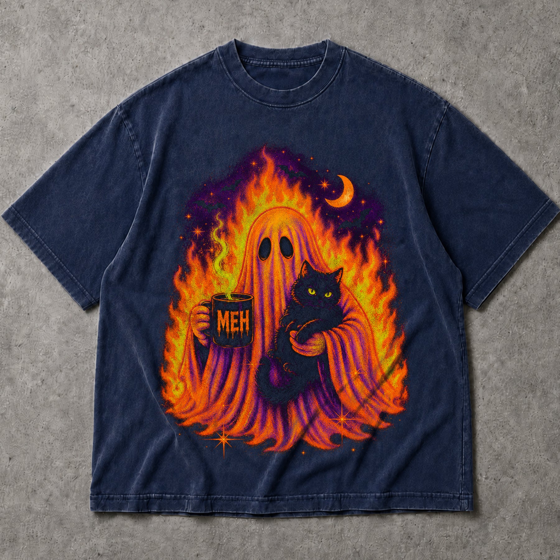 SF_COLOR=navy; SF_ITEM=adult-t-shirt; SF_ROLE=main; Sarcastic Meh Ghost Cat T-Shirt Funny Coffee Spooky Halloween Humor Tee - Navy Adult T-Shirt product image