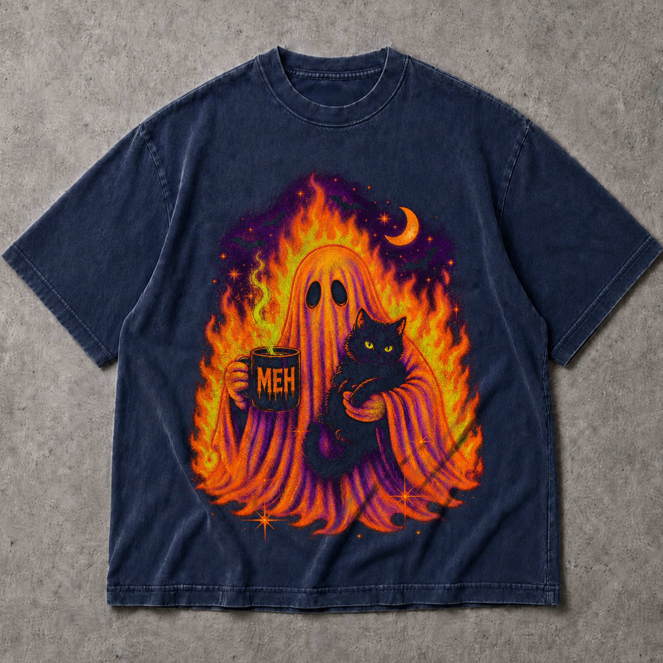 SF_COLOR=navy; SF_ITEM=adult-t-shirt; SF_ROLE=main; Sarcastic Meh Ghost Cat T-Shirt Funny Coffee Spooky Halloween Humor Tee - Navy Adult T-Shirt product image