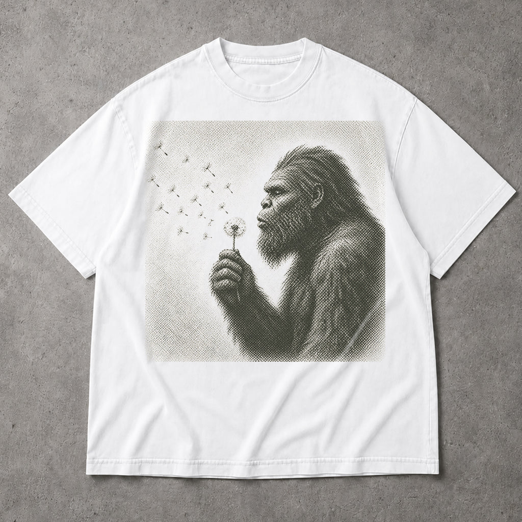 SF_COLOR=white; SF_ITEM=adult-t-shirt; SF_ROLE=main; Sasquatch Blowing Dandelion Flower T-Shirt Vintage Bigfoot Nature Outdoors Tee - White Adult T-Shirt product image