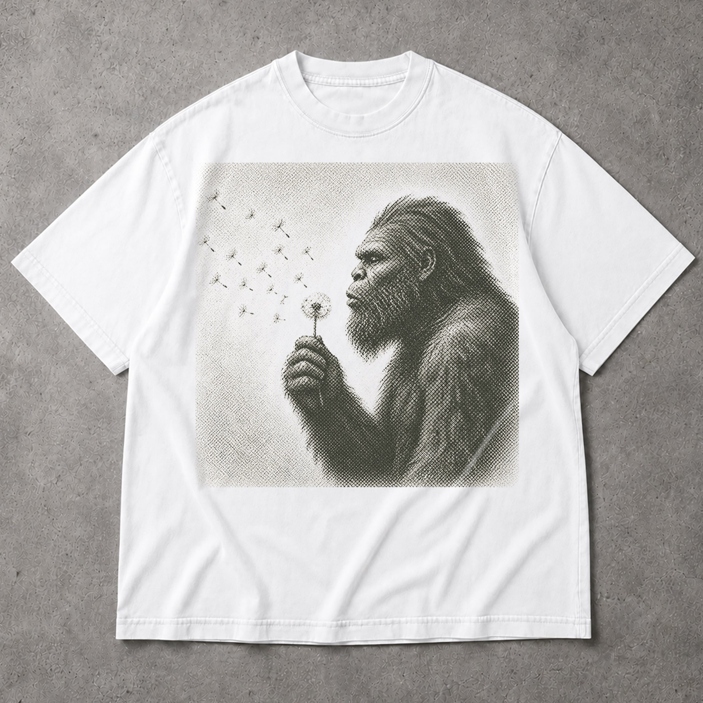 SF_COLOR=white; SF_ITEM=adult-t-shirt; SF_ROLE=main; Sasquatch Blowing Dandelion Flower T-Shirt Vintage Bigfoot Nature Outdoors Tee - White Adult T-Shirt product image