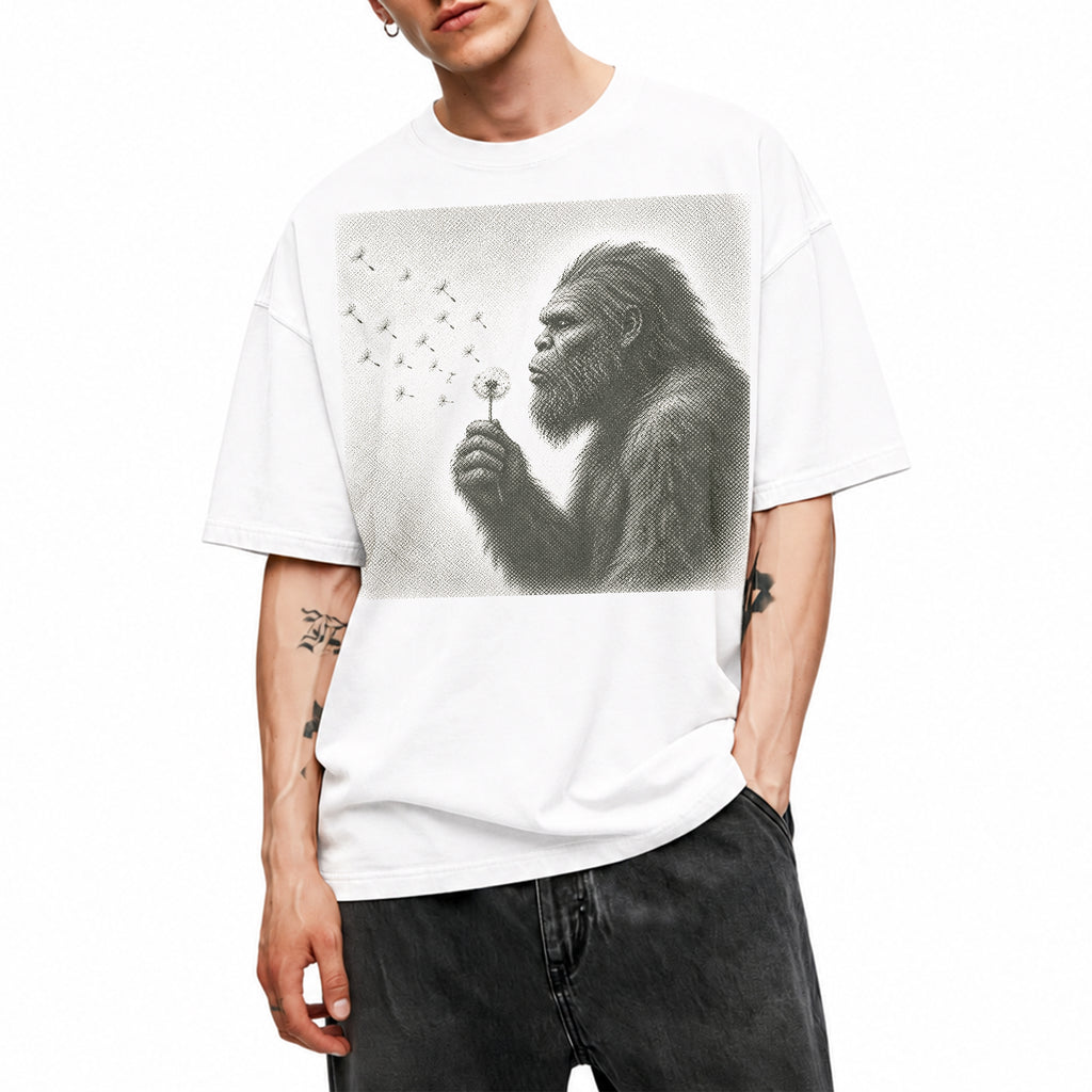 SF_COLOR=white; SF_ITEM=adult-t-shirt; SF_ROLE=gallery; Sasquatch Blowing Dandelion Flower T-Shirt Vintage Bigfoot Nature Outdoors Tee - White Adult T-Shirt product image