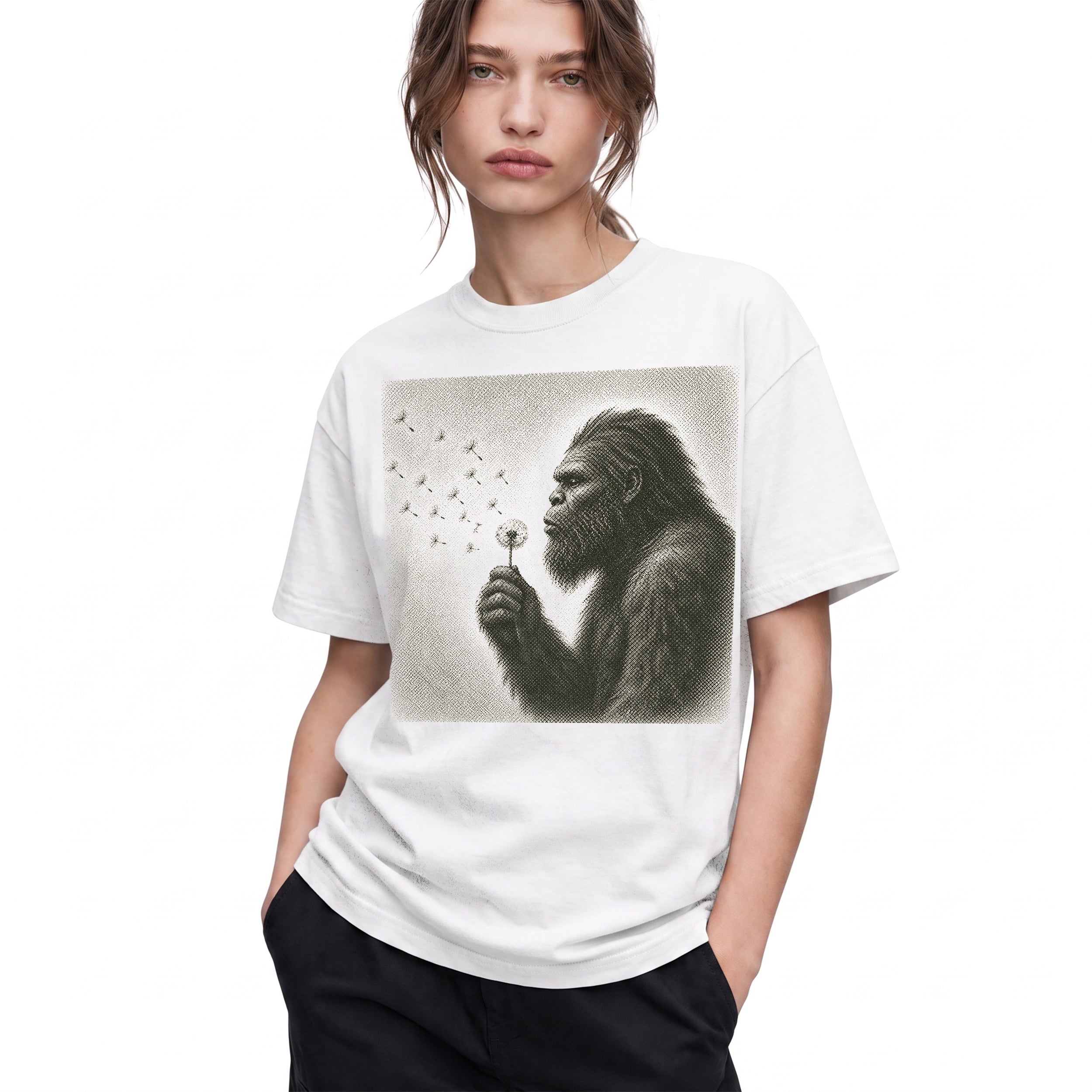 SF_COLOR=white; SF_ITEM=adult-t-shirt; SF_ROLE=gallery; Sasquatch Blowing Dandelion Flower T-Shirt Vintage Bigfoot Nature Outdoors Tee - White Adult T-Shirt product image