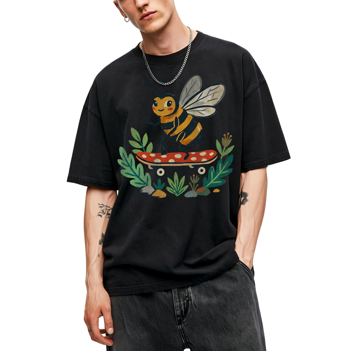 SF_COLOR=black; SF_ITEM=adult-t-shirt; SF_ROLE=main; Skater Bee Red Mushboard Skateboard Cool Insect T-Shirt Streetwear Skater Tee - Black Adult T-Shirt product image