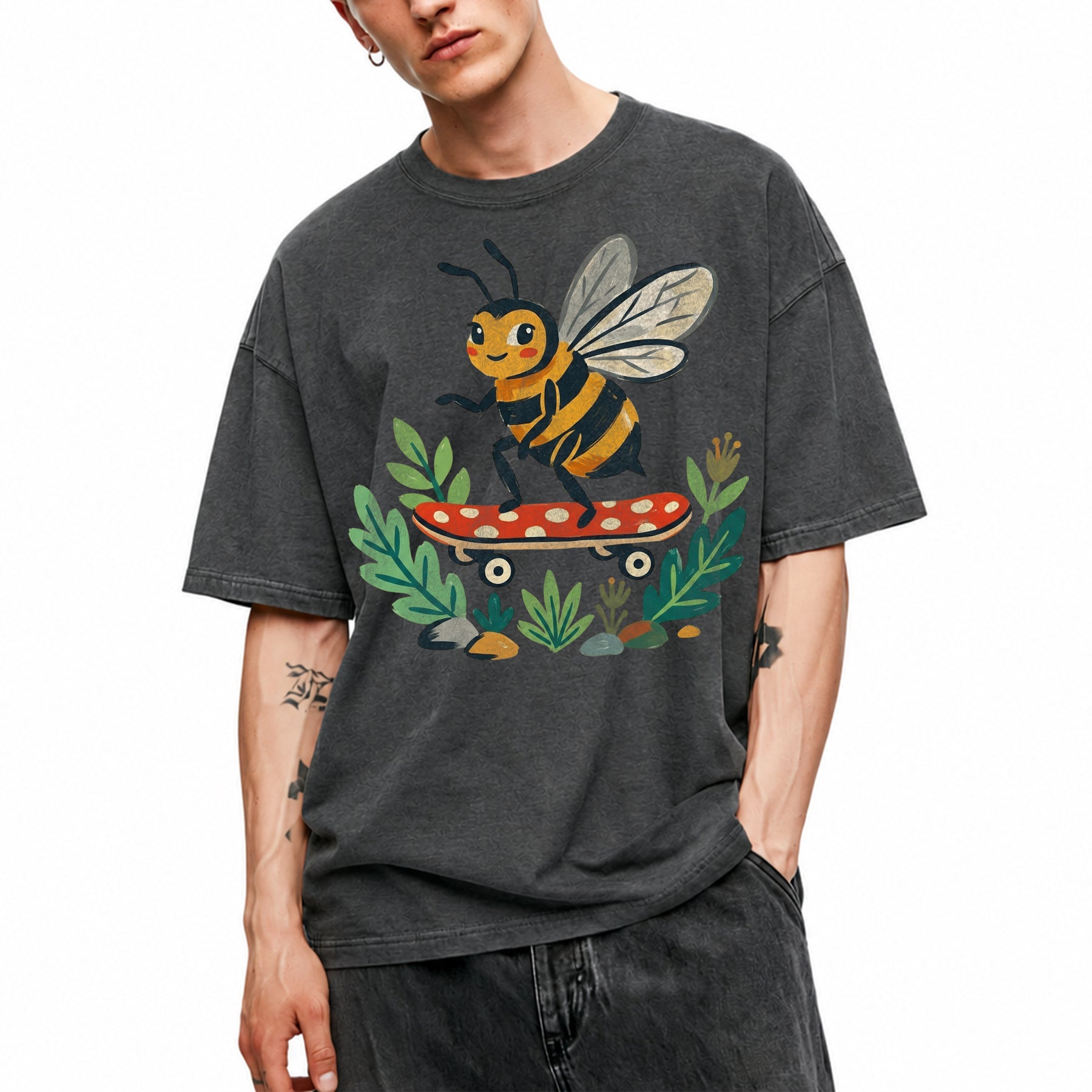 SF_COLOR=dark-heather; SF_ITEM=adult-t-shirt; SF_ROLE=main; Skater Bee Red Mushboard Skateboard Cool Insect T-Shirt Streetwear Skater Tee - Dark Heather Adult T-Shirt product image