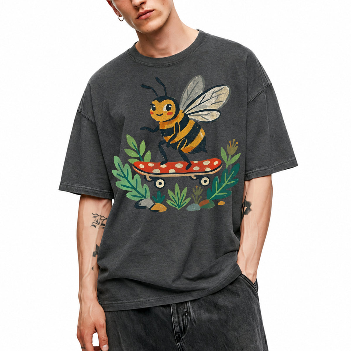 SF_COLOR=dark-heather; SF_ITEM=adult-t-shirt; SF_ROLE=main; Skater Bee Red Mushboard Skateboard Cool Insect T-Shirt Streetwear Skater Tee - Dark Heather Adult T-Shirt product image