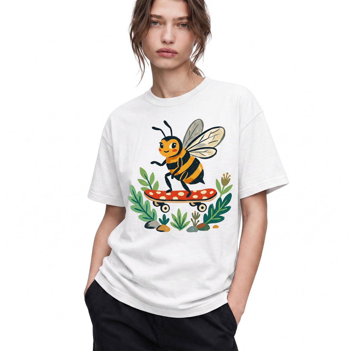 SF_COLOR=white; SF_ITEM=adult-t-shirt; SF_ROLE=gallery; Skater Bee Red Mushboard Skateboard Cool Insect T-Shirt Streetwear Skater Tee - White Adult T-Shirt product image
