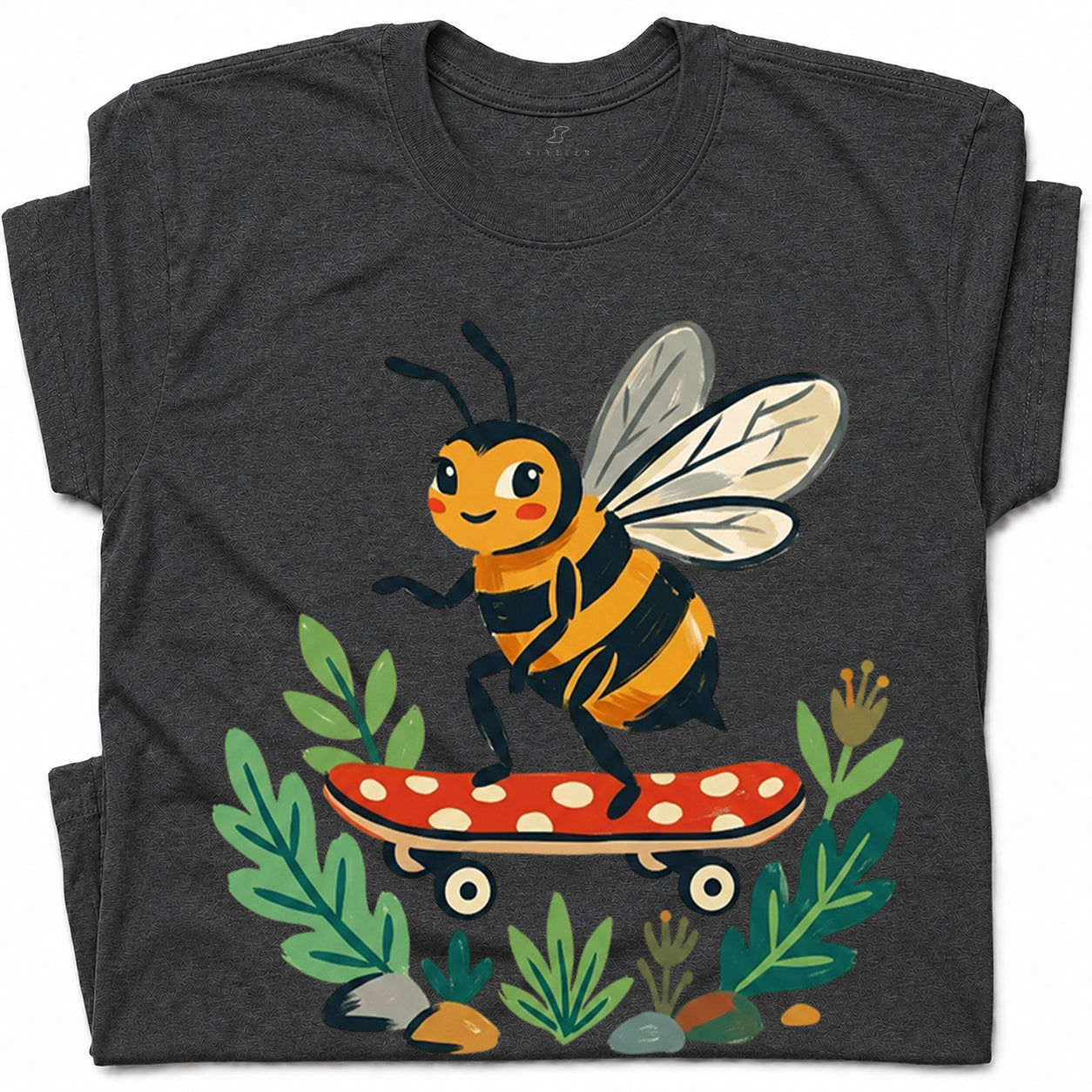 SF_COLOR=dark-heather; SF_ITEM=adult-t-shirt; SF_ROLE=gallery; Skater Bee Red Mushboard Skateboard Cool Insect T-Shirt Streetwear Skater Tee - Dark Heather Adult T-Shirt product image
