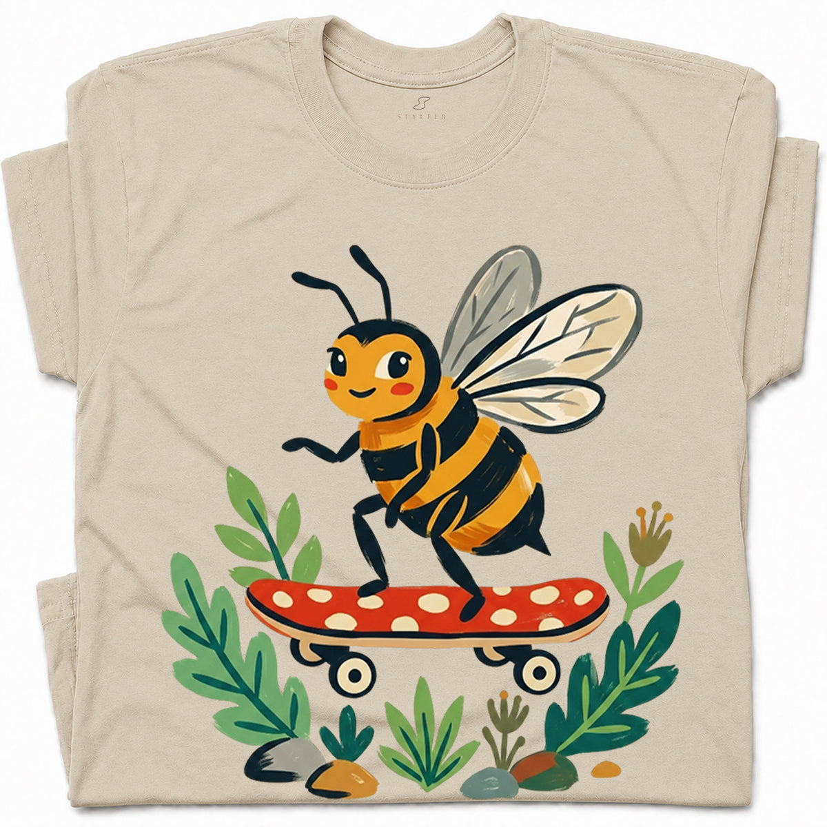 SF_COLOR=sand; SF_ITEM=adult-t-shirt; SF_ROLE=gallery; Skater Bee Red Mushboard Skateboard Cool Insect T-Shirt Streetwear Skater Tee - Sand Adult T-Shirt product image