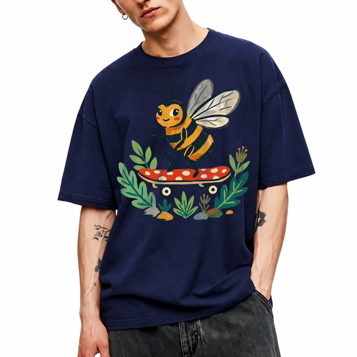SF_COLOR=navy; SF_ITEM=adult-t-shirt; SF_ROLE=main; Skater Bee Red Mushboard Skateboard Cool Insect T-Shirt Streetwear Skater Tee - Navy Adult T-Shirt product image