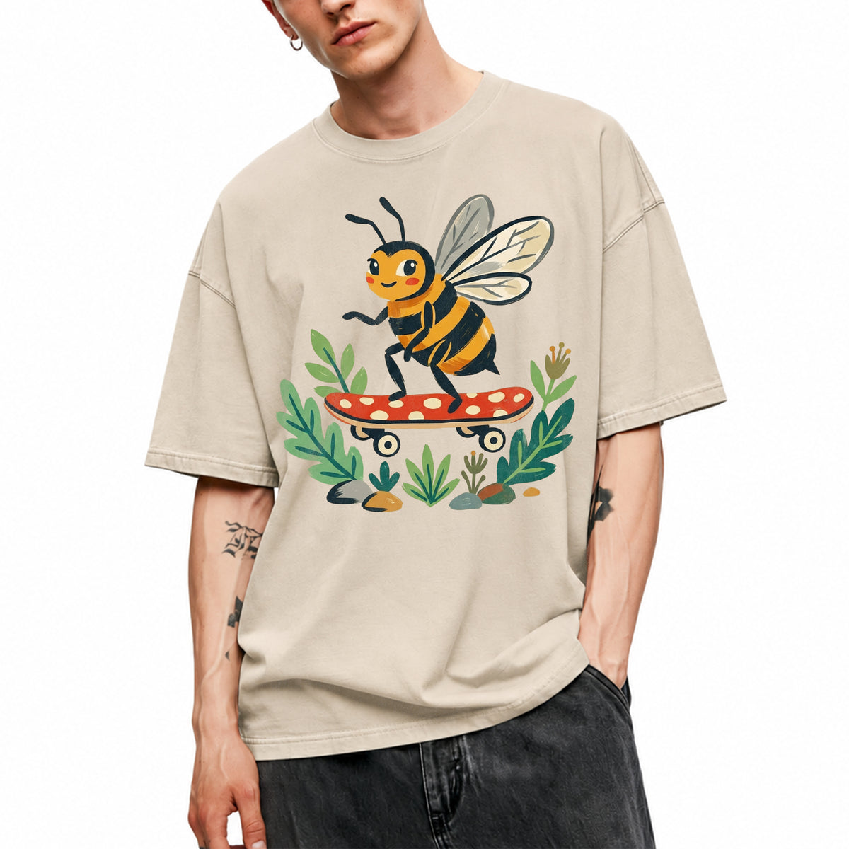 SF_COLOR=sand; SF_ITEM=adult-t-shirt; SF_ROLE=main; Skater Bee Red Mushboard Skateboard Cool Insect T-Shirt Streetwear Skater Tee - Sand Adult T-Shirt product image