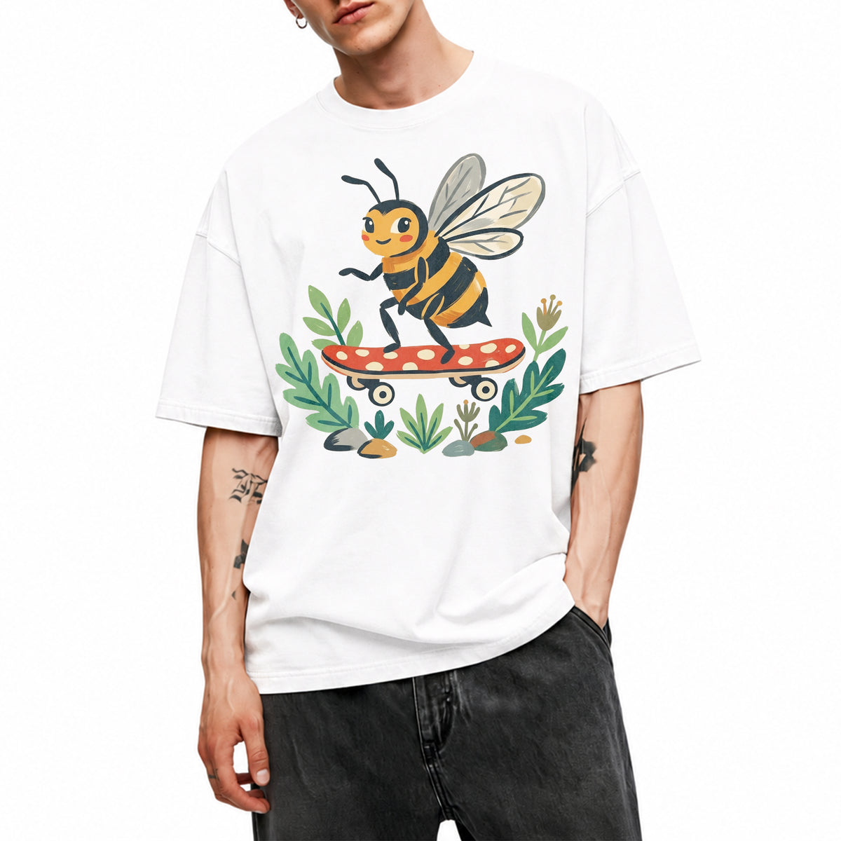 SF_COLOR=white; SF_ITEM=adult-t-shirt; SF_ROLE=main; Skater Bee Red Mushboard Skateboard Cool Insect T-Shirt Streetwear Skater Tee - White Adult T-Shirt product image