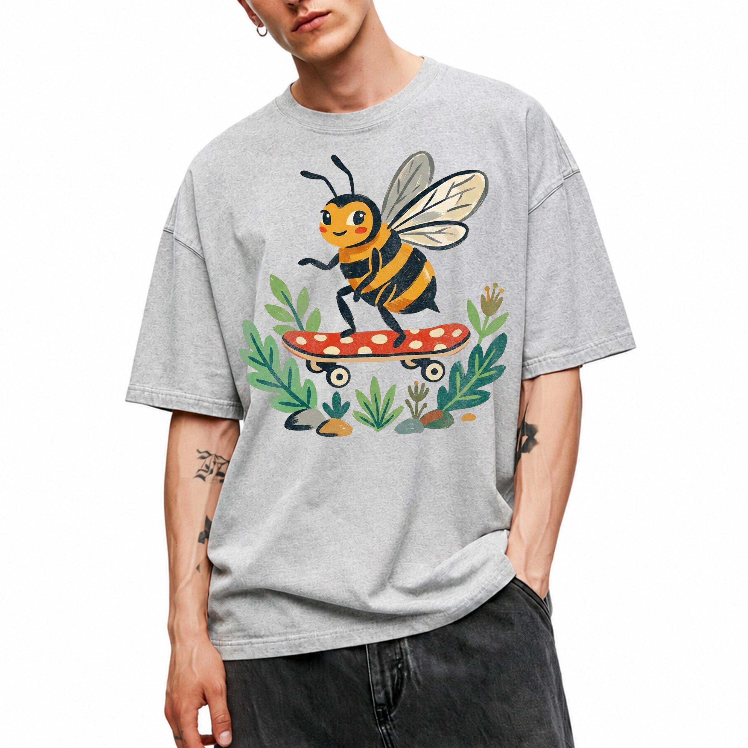 SF_COLOR=sport-grey; SF_ITEM=adult-t-shirt; SF_ROLE=main; Skater Bee Red Mushboard Skateboard Cool Insect T-Shirt Streetwear Skater Tee - Sport Grey Adult T-Shirt product image