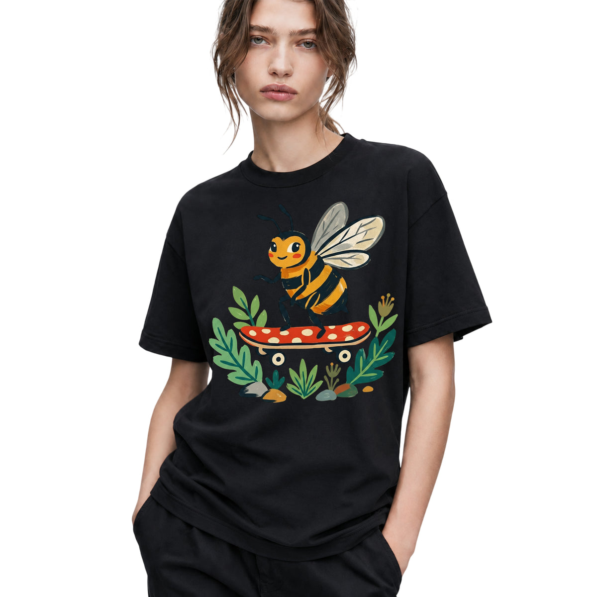 SF_COLOR=black; SF_ITEM=adult-t-shirt; SF_ROLE=gallery; Skater Bee Red Mushboard Skateboard Cool Insect T-Shirt Streetwear Skater Tee - Black Adult T-Shirt product image