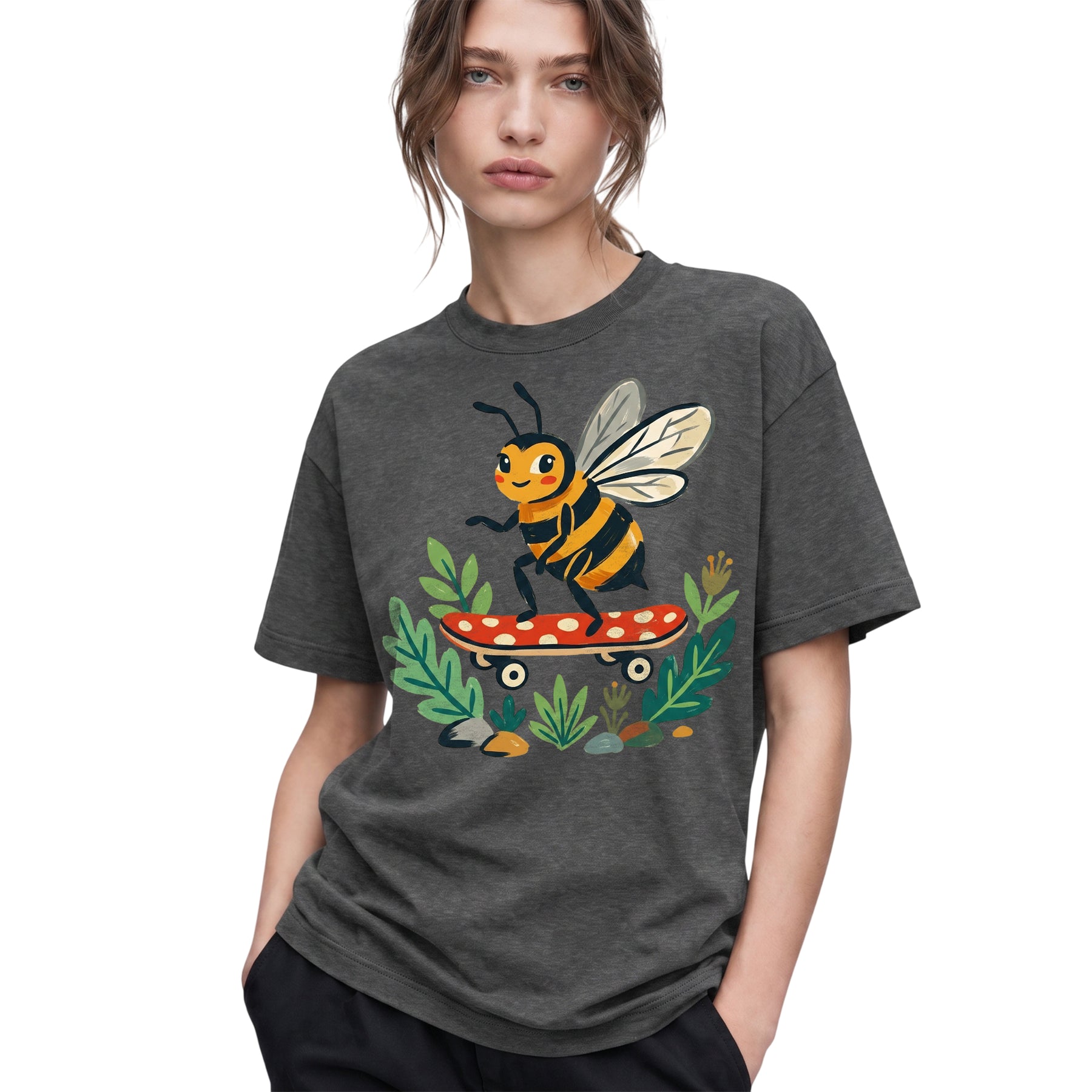 SF_COLOR=dark-heather; SF_ITEM=adult-t-shirt; SF_ROLE=gallery; Skater Bee Red Mushboard Skateboard Cool Insect T-Shirt Streetwear Skater Tee - Dark Heather Adult T-Shirt product image