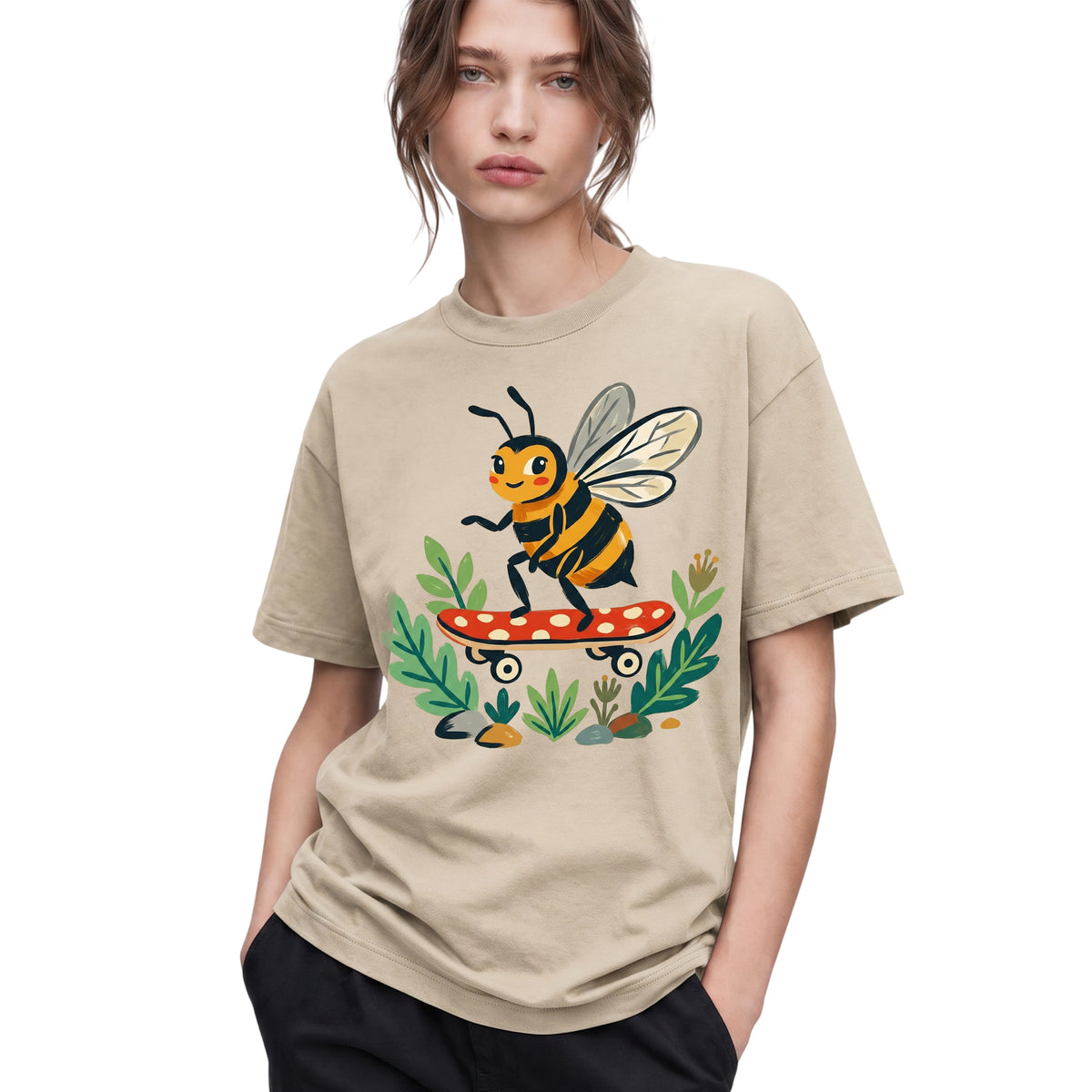 SF_COLOR=sand; SF_ITEM=adult-t-shirt; SF_ROLE=gallery; Skater Bee Red Mushboard Skateboard Cool Insect T-Shirt Streetwear Skater Tee - Sand Adult T-Shirt product image