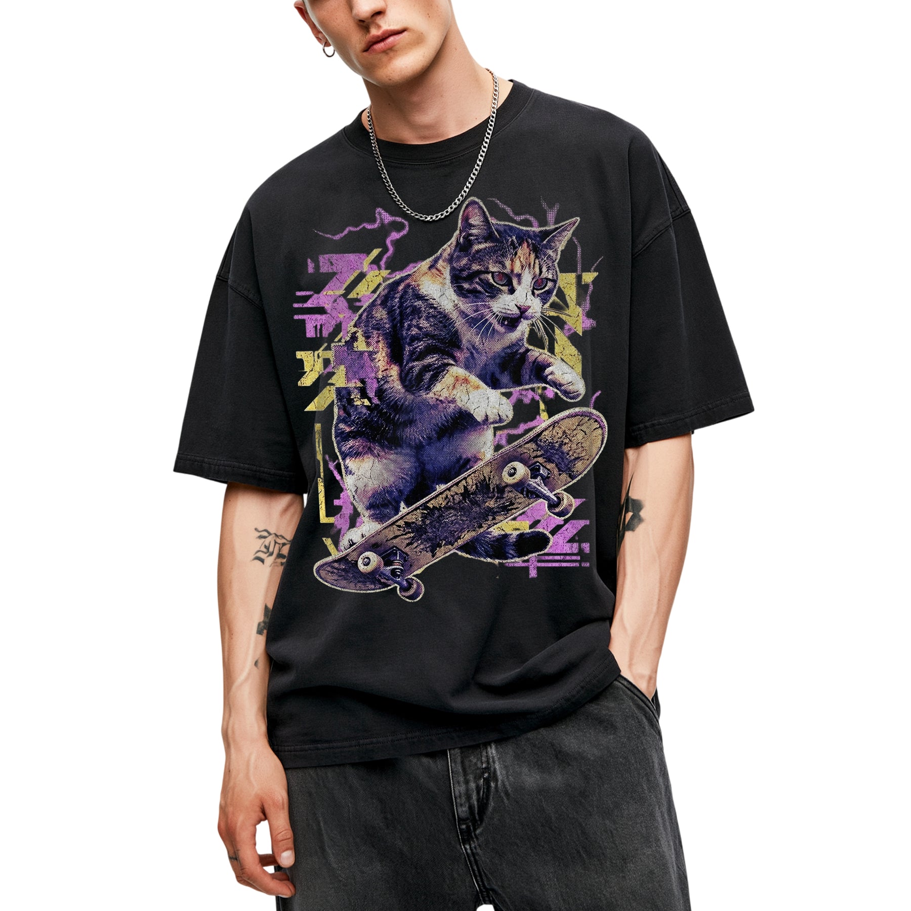 SF_COLOR=black; SF_ITEM=adult-t-shirt; SF_ROLE=main; Skater Cat Grunge Streetwear Urban Graphic T-Shirt Skateboard Animal Gift Tee - Black Adult T-Shirt product image