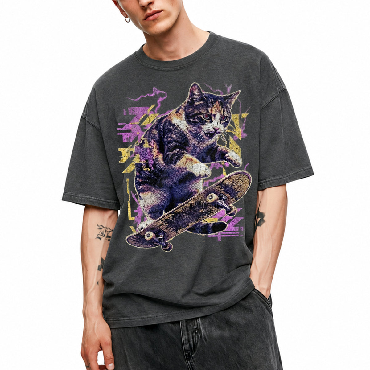 SF_COLOR=dark-heather; SF_ITEM=adult-t-shirt; SF_ROLE=main; Skater Cat Grunge Streetwear Urban Graphic T-Shirt Skateboard Animal Gift Tee - Dark Heather Adult T-Shirt product image
