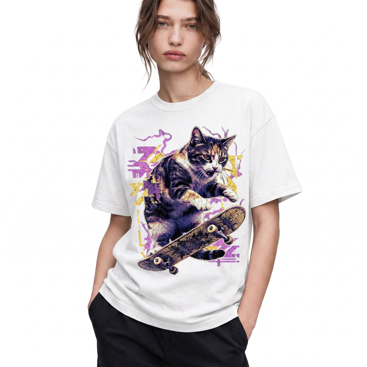 SF_COLOR=white; SF_ITEM=adult-t-shirt; SF_ROLE=gallery; Skater Cat Grunge Streetwear Urban Graphic T-Shirt Skateboard Animal Gift Tee - White Adult T-Shirt product image
