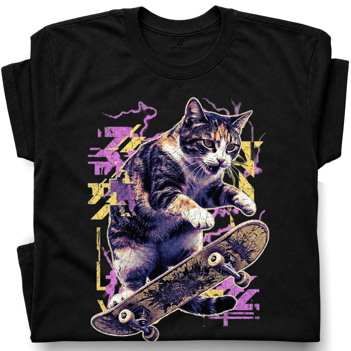 SF_COLOR=black; SF_ITEM=adult-t-shirt; SF_ROLE=gallery; Skater Cat Grunge Streetwear Urban Graphic T-Shirt Skateboard Animal Gift Tee - Black Adult T-Shirt product image