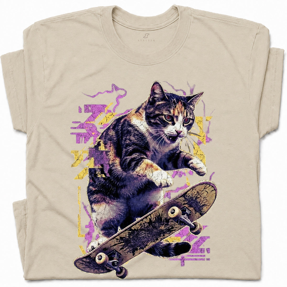 SF_COLOR=sand; SF_ITEM=adult-t-shirt; SF_ROLE=gallery; Skater Cat Grunge Streetwear Urban Graphic T-Shirt Skateboard Animal Gift Tee - Sand Adult T-Shirt product image