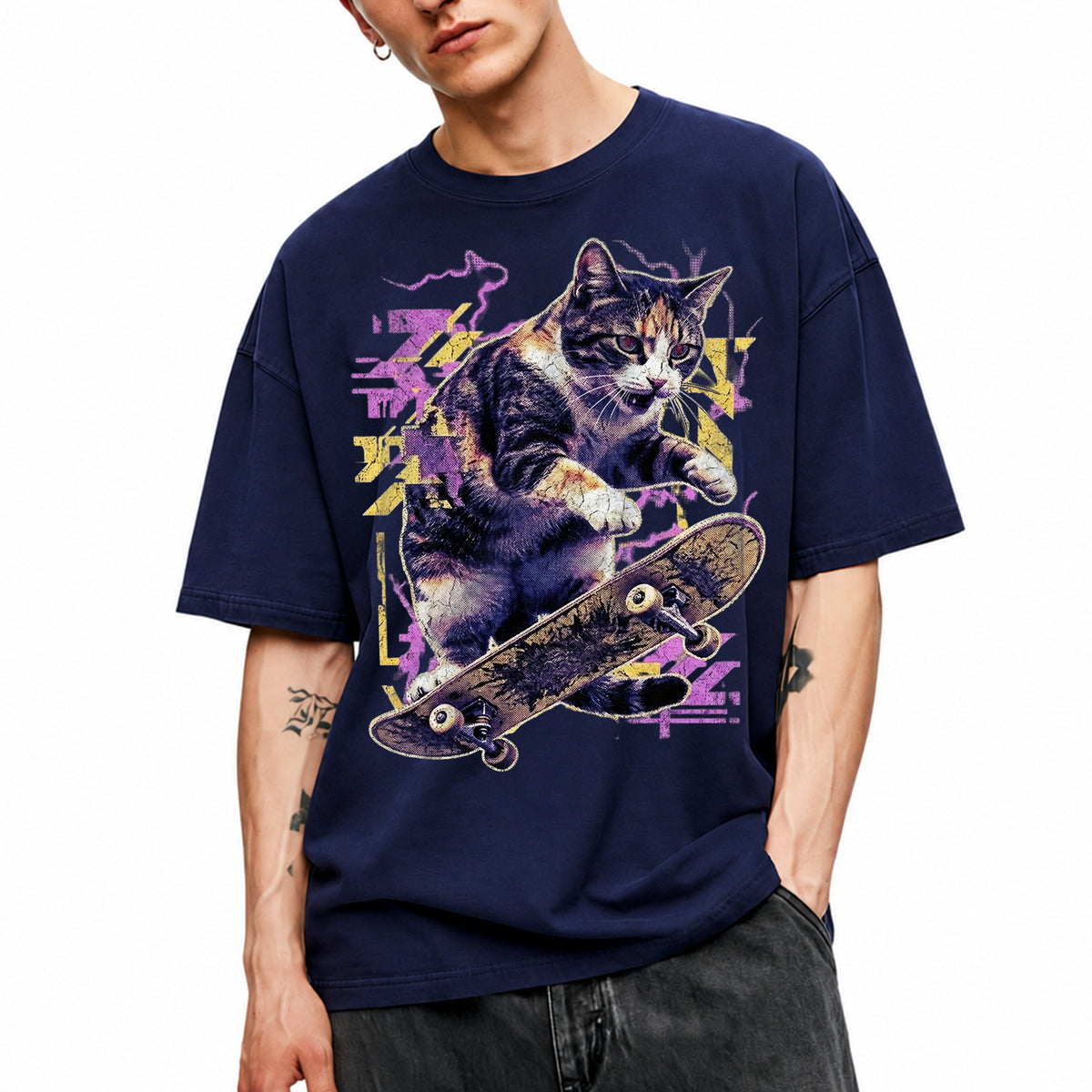 SF_COLOR=navy; SF_ITEM=adult-t-shirt; SF_ROLE=main; Skater Cat Grunge Streetwear Urban Graphic T-Shirt Skateboard Animal Gift Tee - Navy Adult T-Shirt product image