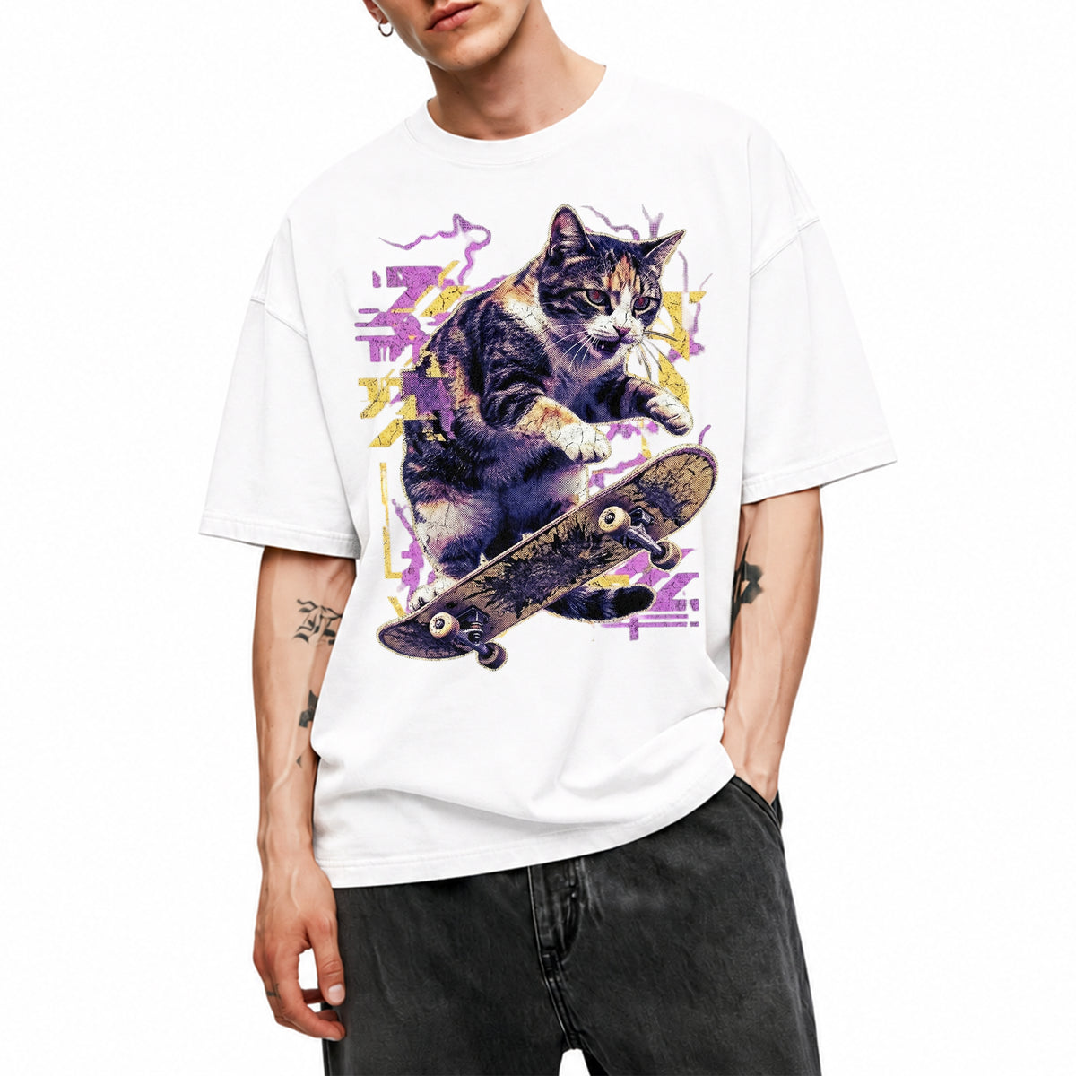 SF_COLOR=white; SF_ITEM=adult-t-shirt; SF_ROLE=main; Skater Cat Grunge Streetwear Urban Graphic T-Shirt Skateboard Animal Gift Tee - White Adult T-Shirt product image