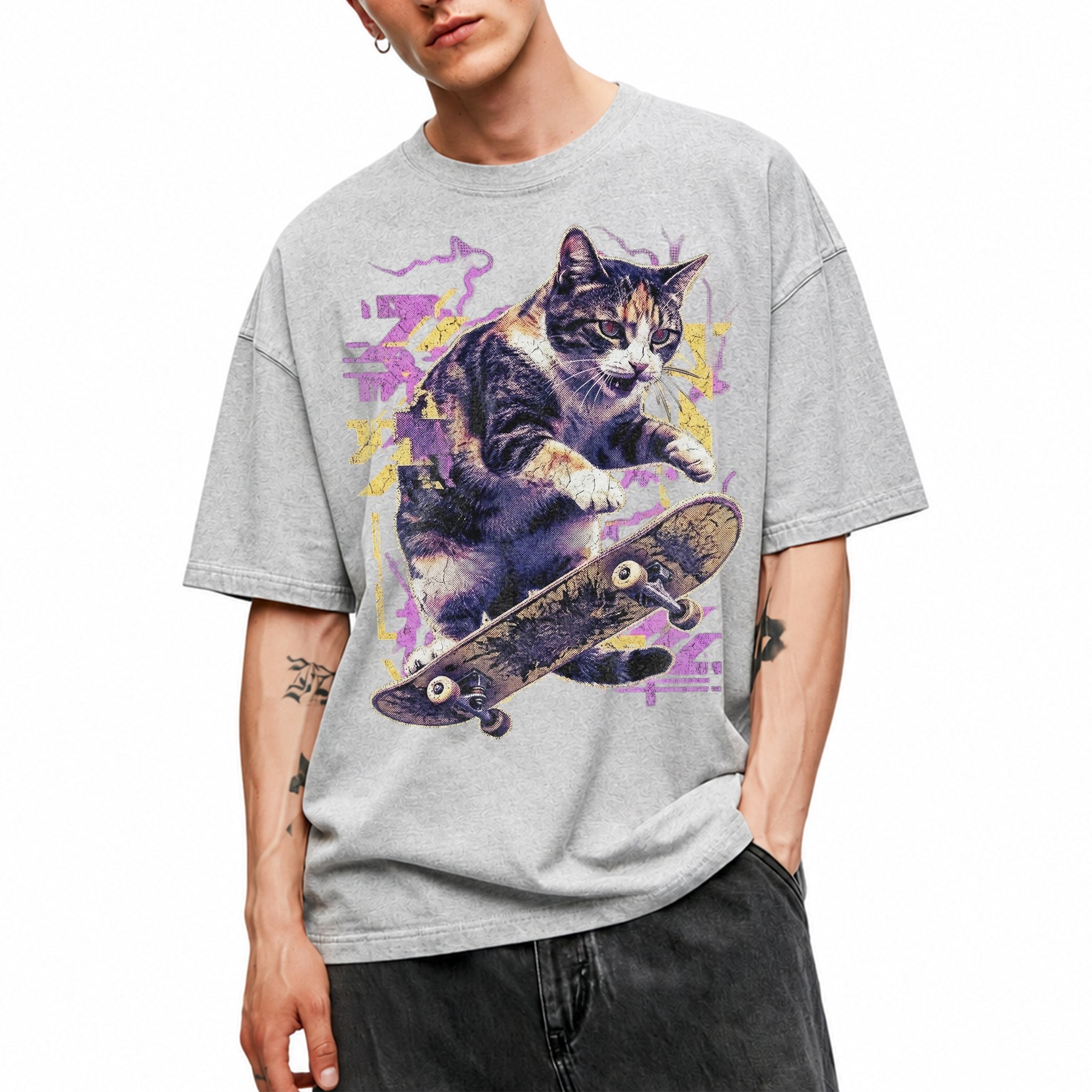 SF_COLOR=sport-grey; SF_ITEM=adult-t-shirt; SF_ROLE=main; Skater Cat Grunge Streetwear Urban Graphic T-Shirt Skateboard Animal Gift Tee - Sport Grey Adult T-Shirt product image