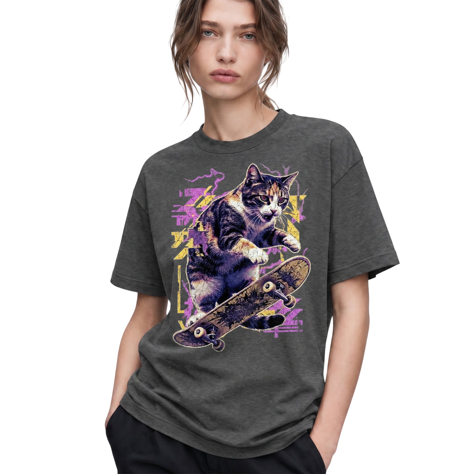 SF_COLOR=dark-heather; SF_ITEM=adult-t-shirt; SF_ROLE=gallery; Skater Cat Grunge Streetwear Urban Graphic T-Shirt Skateboard Animal Gift Tee - Dark Heather Adult T-Shirt product image