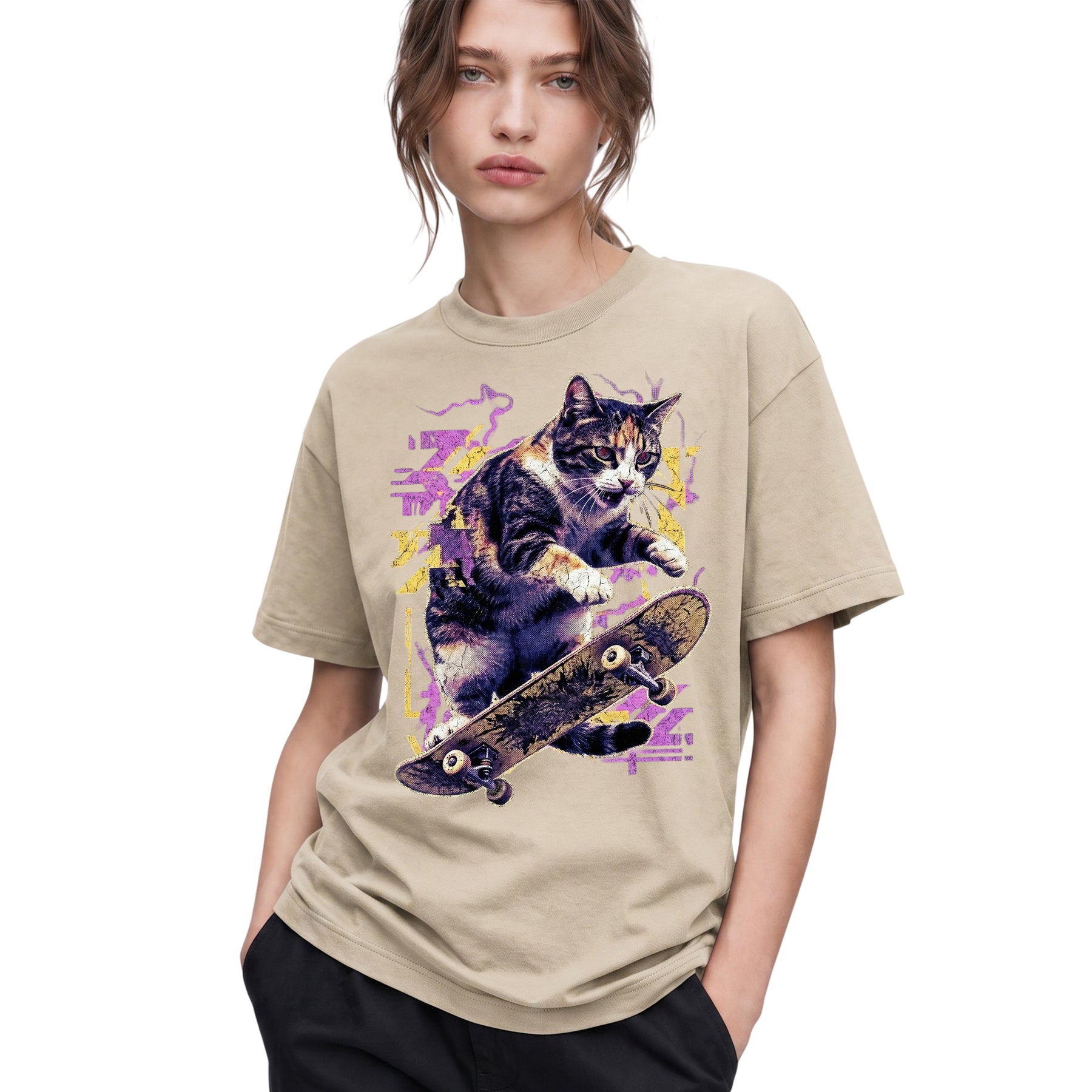 SF_COLOR=sand; SF_ITEM=adult-t-shirt; SF_ROLE=gallery; Skater Cat Grunge Streetwear Urban Graphic T-Shirt Skateboard Animal Gift Tee - Sand Adult T-Shirt product image
