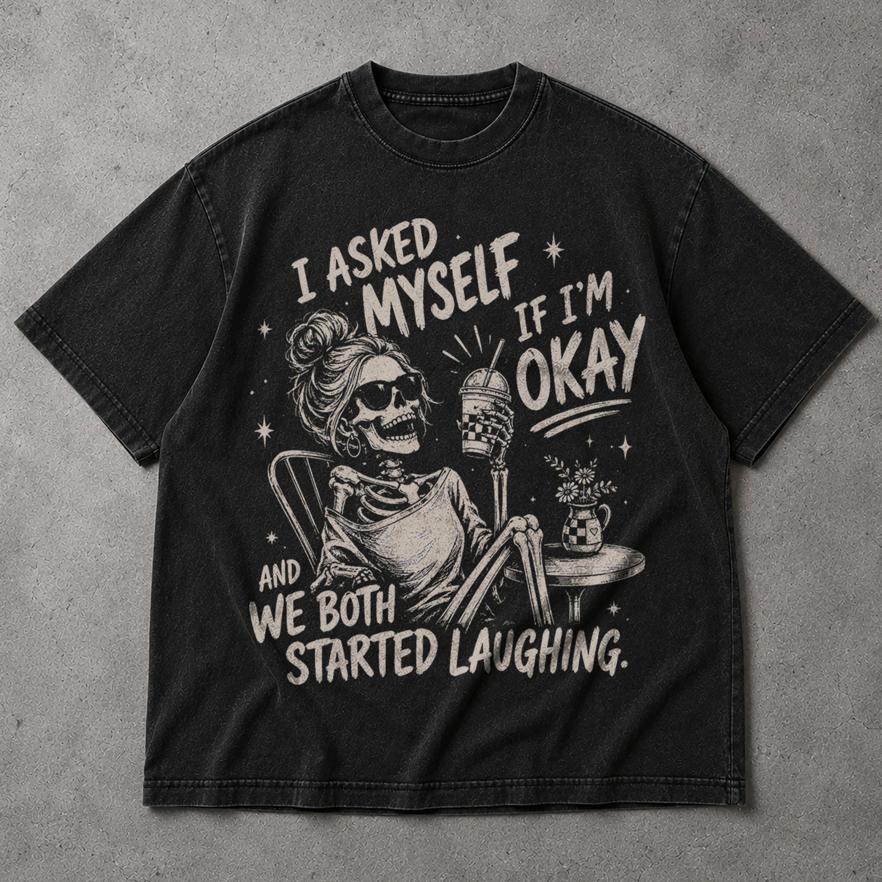 SF_COLOR=black; SF_ITEM=adult-t-shirt; SF_ROLE=main; Skeleton Drinking Coffee T-Shirt I Asked Myself If Im Okay Funny Tee - Black Adult T-Shirt product image