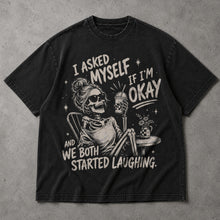 SF_COLOR=black; SF_ITEM=adult-t-shirt; SF_ROLE=main; Skeleton Drinking Coffee T-Shirt I Asked Myself If Im Okay Funny Tee - Black Adult T-Shirt product image