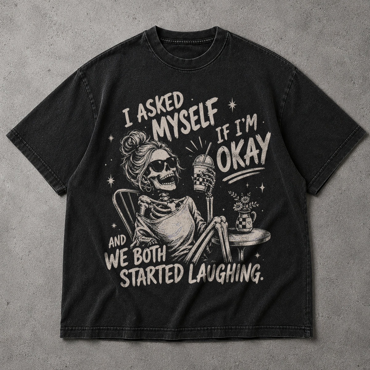 SF_COLOR=black; SF_ITEM=adult-t-shirt; SF_ROLE=main; Skeleton Drinking Coffee T-Shirt I Asked Myself If Im Okay Funny Tee - Black Adult T-Shirt product image