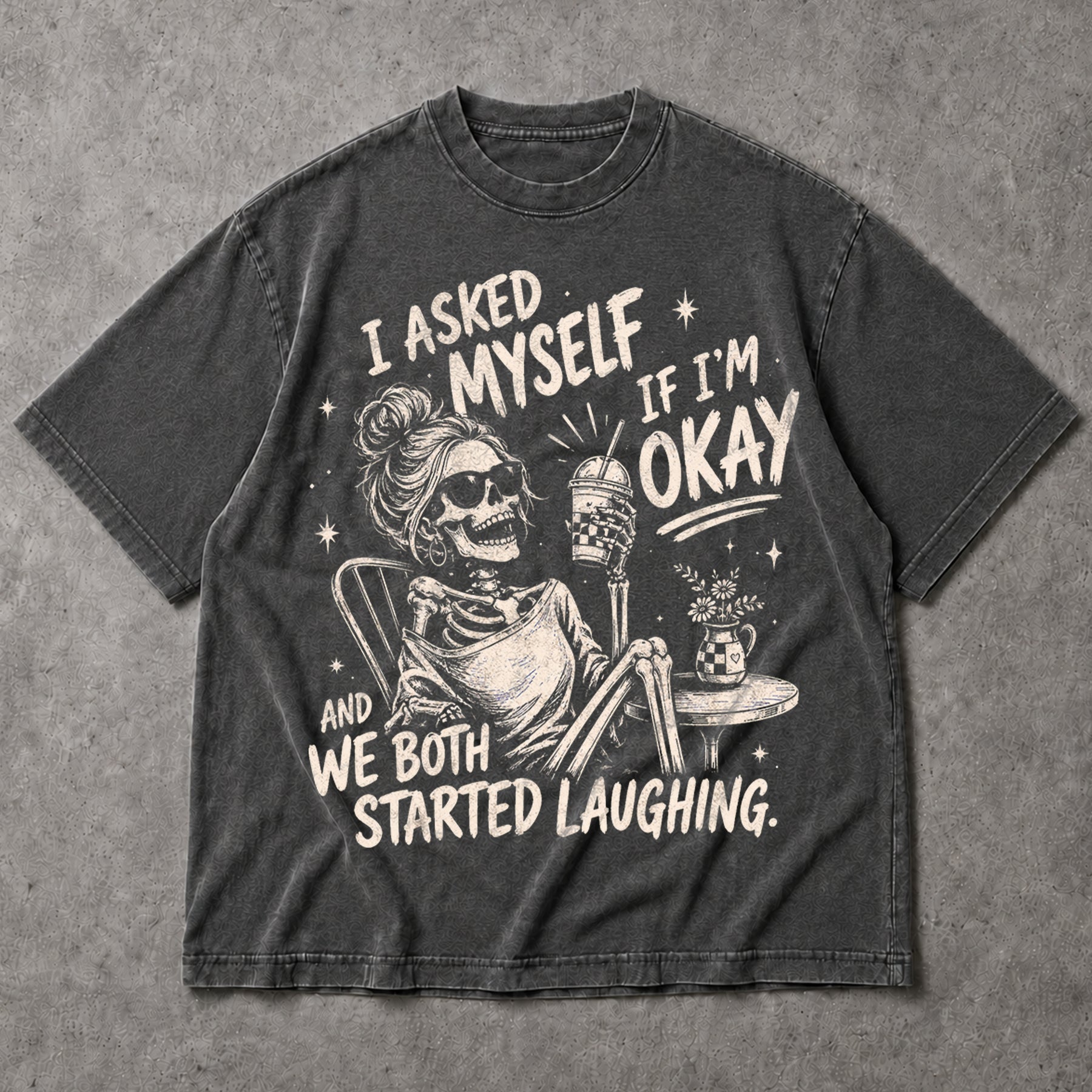 SF_COLOR=dark-heather; SF_ITEM=adult-t-shirt; SF_ROLE=main; Skeleton Drinking Coffee T-Shirt I Asked Myself If Im Okay Funny Tee - Dark Heather Adult T-Shirt product image