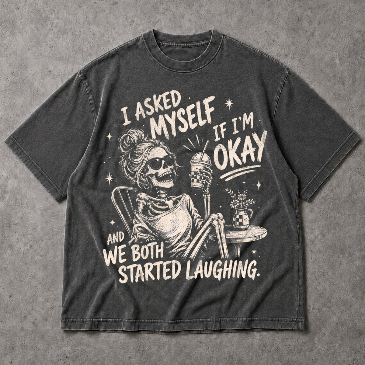SF_COLOR=dark-heather; SF_ITEM=adult-t-shirt; SF_ROLE=main; Skeleton Drinking Coffee T-Shirt I Asked Myself If Im Okay Funny Tee - Dark Heather Adult T-Shirt product image