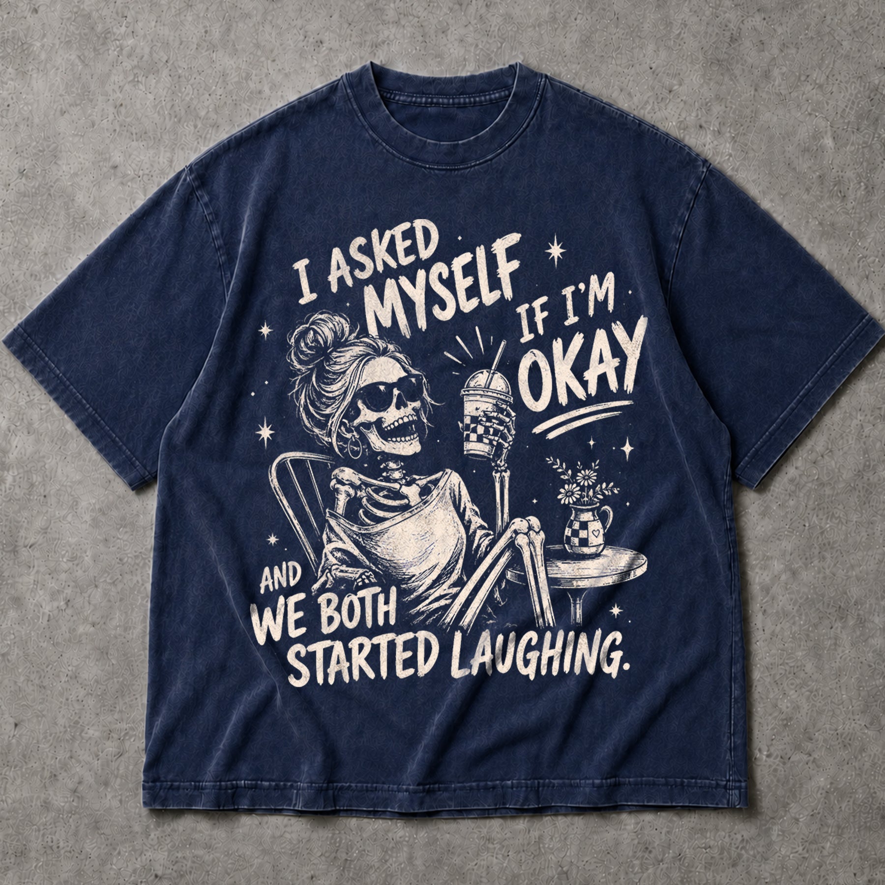 SF_COLOR=navy; SF_ITEM=adult-t-shirt; SF_ROLE=main; Skeleton Drinking Coffee T-Shirt I Asked Myself If Im Okay Funny Tee - Navy Adult T-Shirt product image