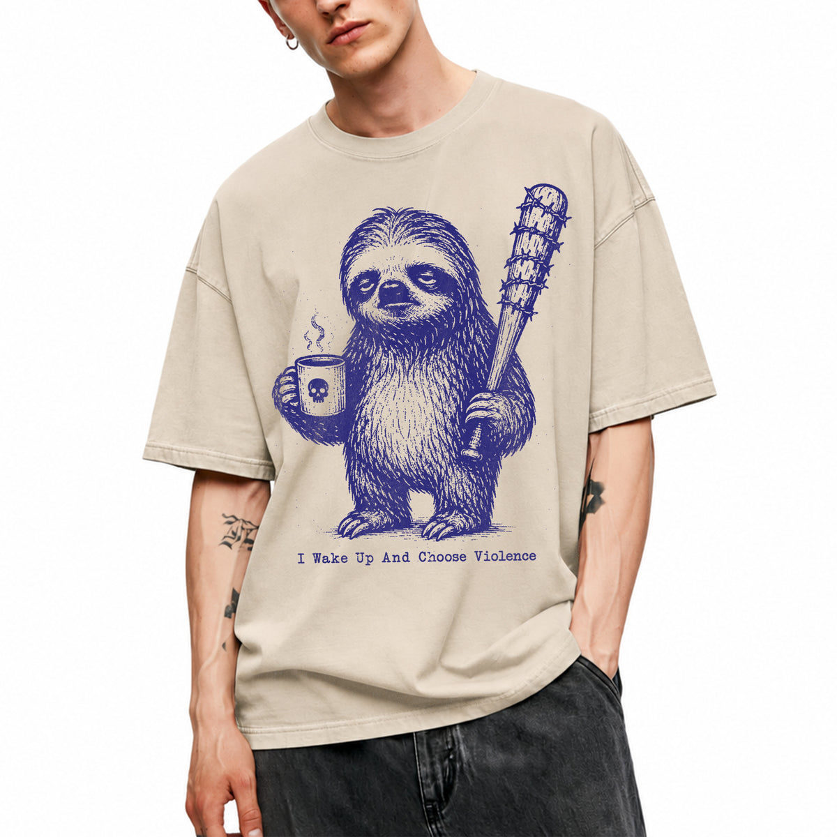 SF_COLOR=sand; SF_ITEM=adult-t-shirt; SF_ROLE=main; Sloth Coffee Barbed Bat Wake Up Choose Violence T-Shirt Funny Dark Humor Tee - Sand Adult T-Shirt product image
