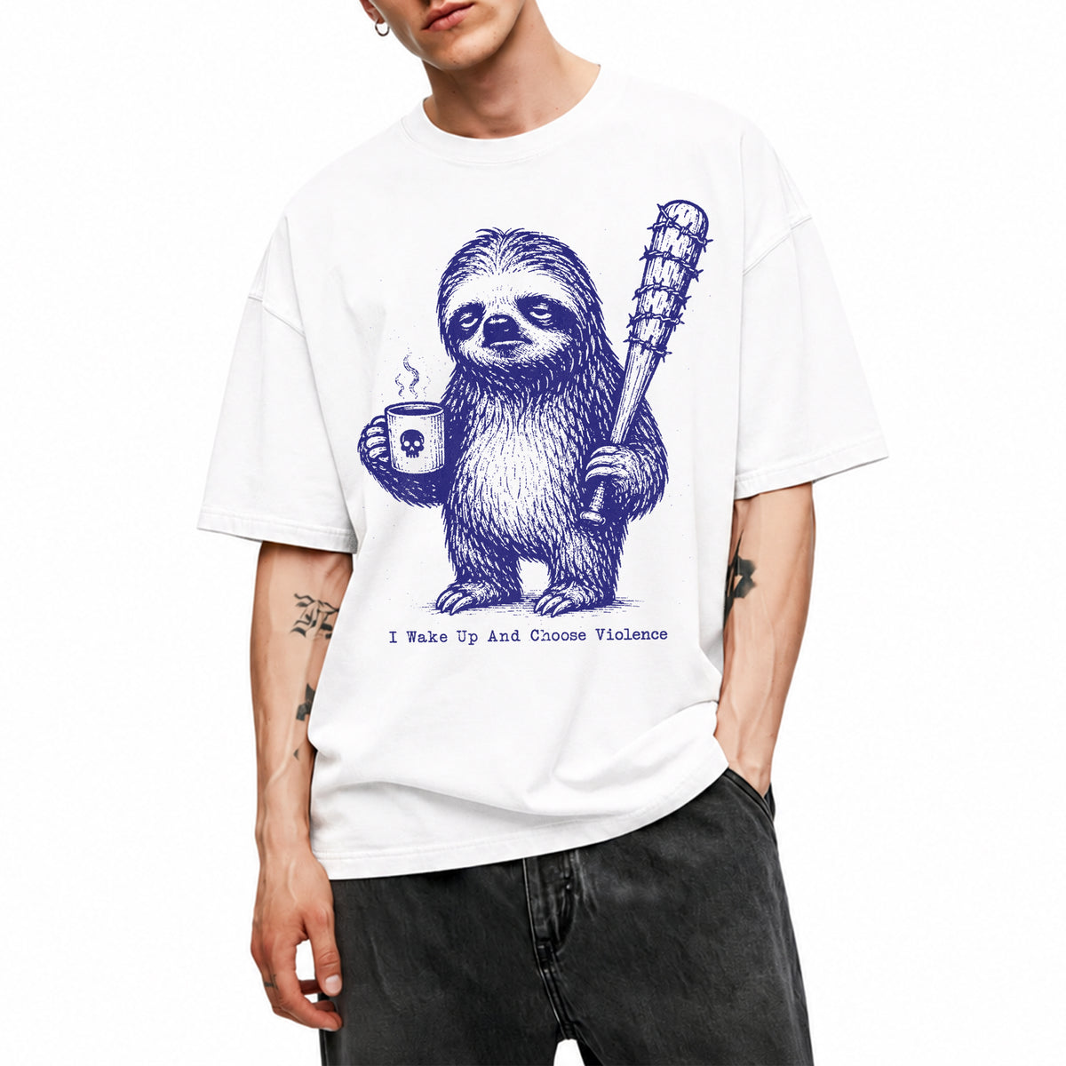 SF_COLOR=white; SF_ITEM=adult-t-shirt; SF_ROLE=main; Sloth Coffee Barbed Bat Wake Up Choose Violence T-Shirt Funny Dark Humor Tee - White Adult T-Shirt product image