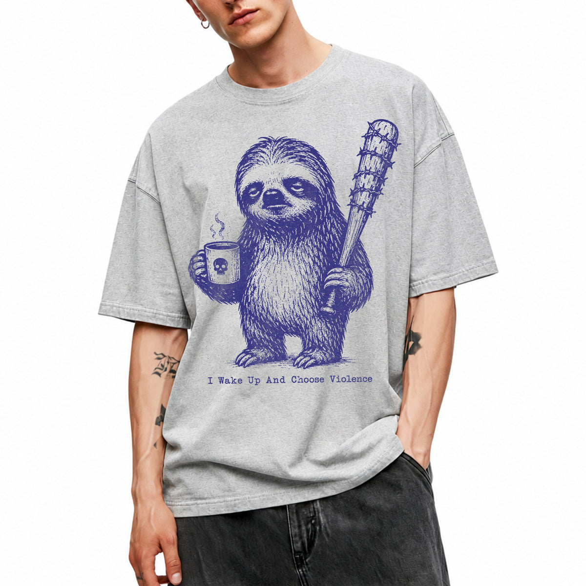 SF_COLOR=sport-grey; SF_ITEM=adult-t-shirt; SF_ROLE=main; Sloth Coffee Barbed Bat Wake Up Choose Violence T-Shirt Funny Dark Humor Tee - Sport Grey Adult T-Shirt product image