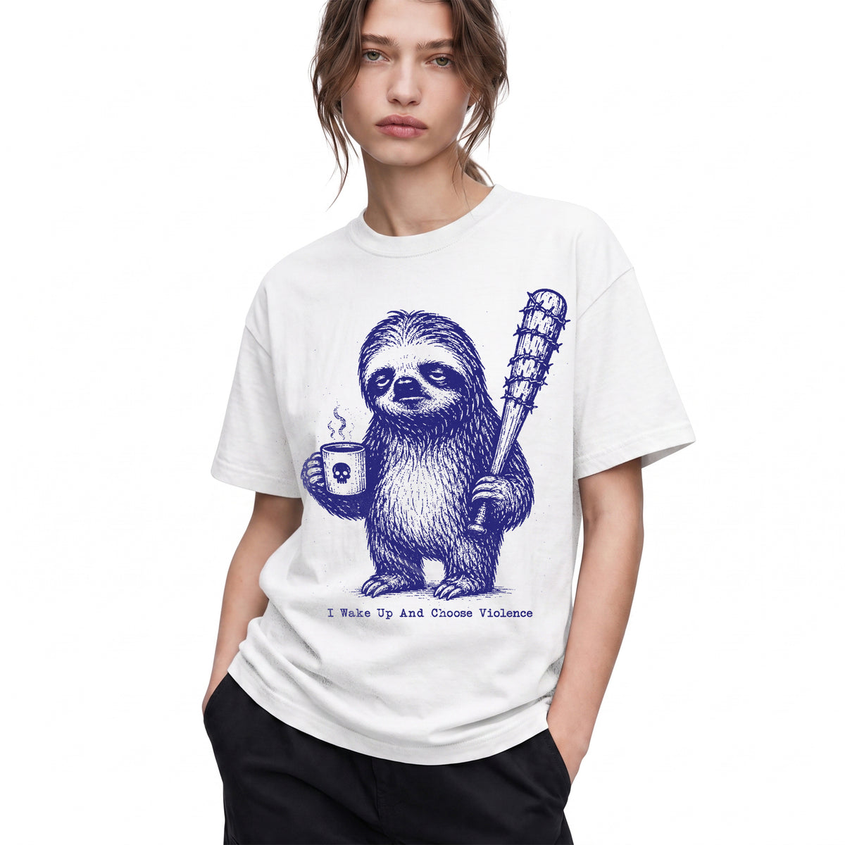 SF_COLOR=white; SF_ITEM=adult-t-shirt; SF_ROLE=gallery; Sloth Coffee Barbed Bat Wake Up Choose Violence T-Shirt Funny Dark Humor Tee - White Adult T-Shirt product image