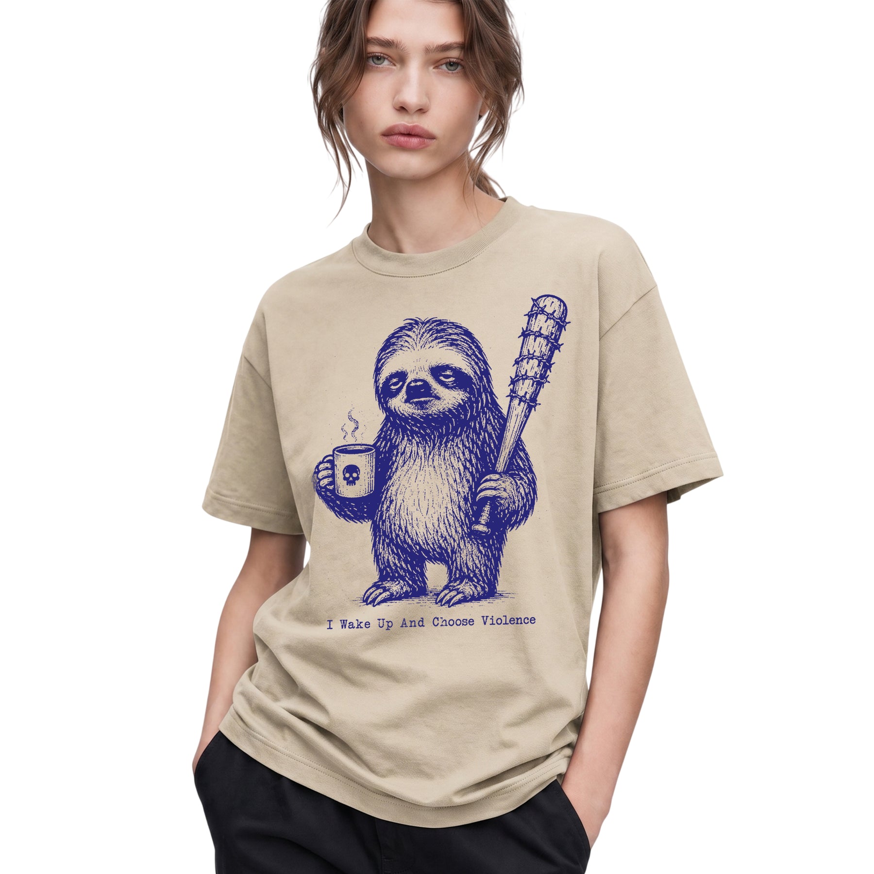 SF_COLOR=sand; SF_ITEM=adult-t-shirt; SF_ROLE=gallery; Sloth Coffee Barbed Bat Wake Up Choose Violence T-Shirt Funny Dark Humor Tee - Sand Adult T-Shirt product image