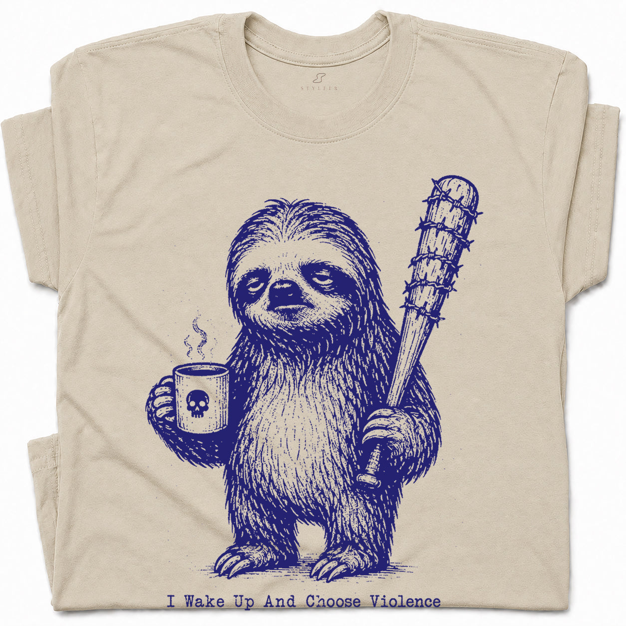 SF_COLOR=sand; SF_ITEM=adult-t-shirt; SF_ROLE=gallery; Sloth Coffee Barbed Bat Wake Up Choose Violence T-Shirt Funny Dark Humor Tee - Sand Adult T-Shirt product image