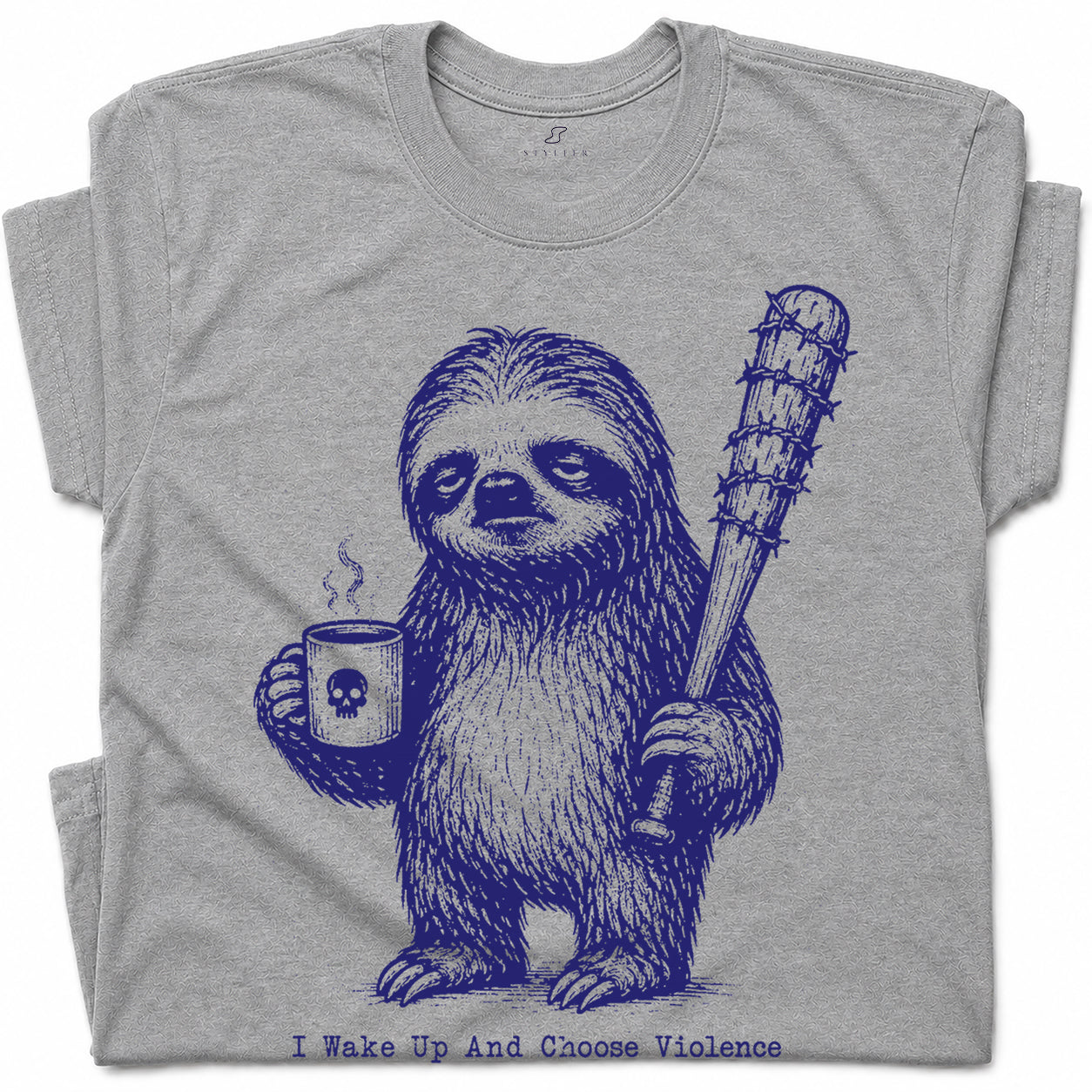 SF_COLOR=sport-grey; SF_ITEM=adult-t-shirt; SF_ROLE=gallery; Sloth Coffee Barbed Bat Wake Up Choose Violence T-Shirt Funny Dark Humor Tee - Sport Grey Adult T-Shirt product image