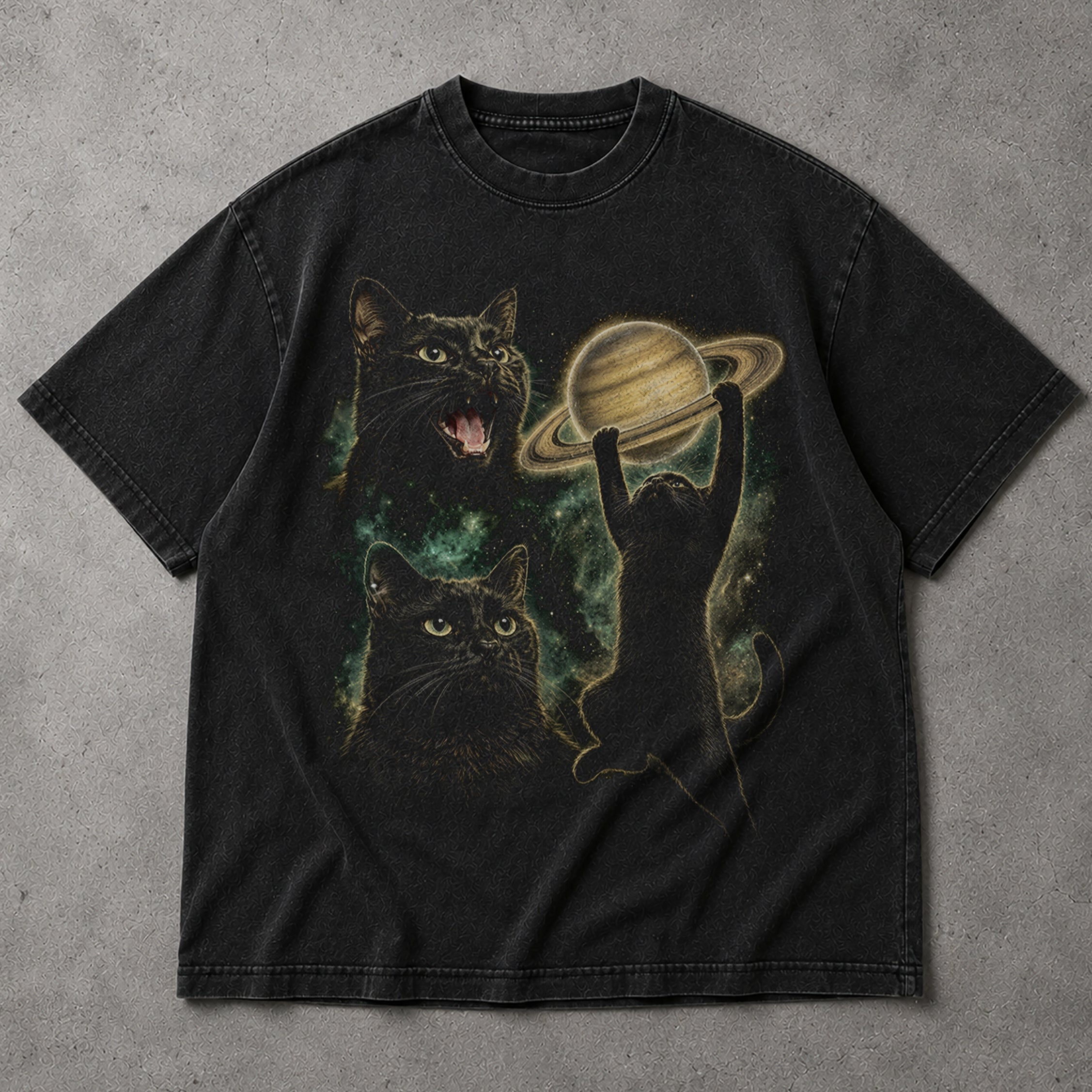 SF_COLOR=black; SF_ITEM=adult-t-shirt; SF_ROLE=main; Space Cat Holding Saturn T-Shirt Galaxy Astronomy Funny Feline Science Apparel - Black Adult T-Shirt product image
