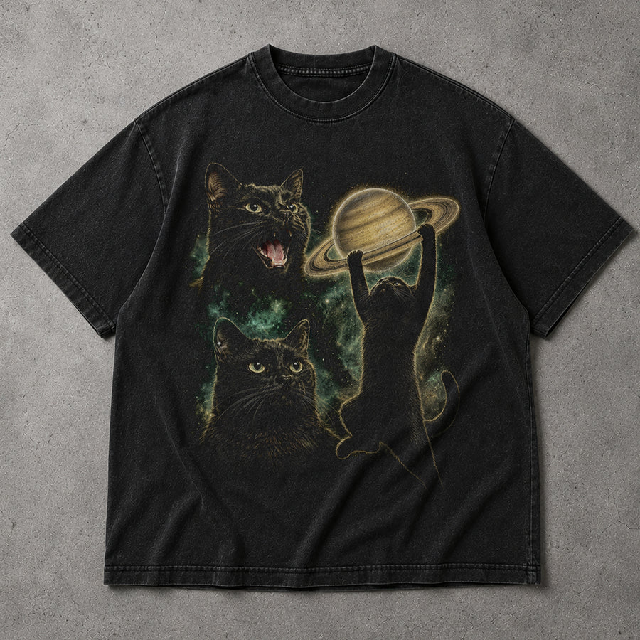 Space Cat Holding Saturn Galaxy T-Shirt